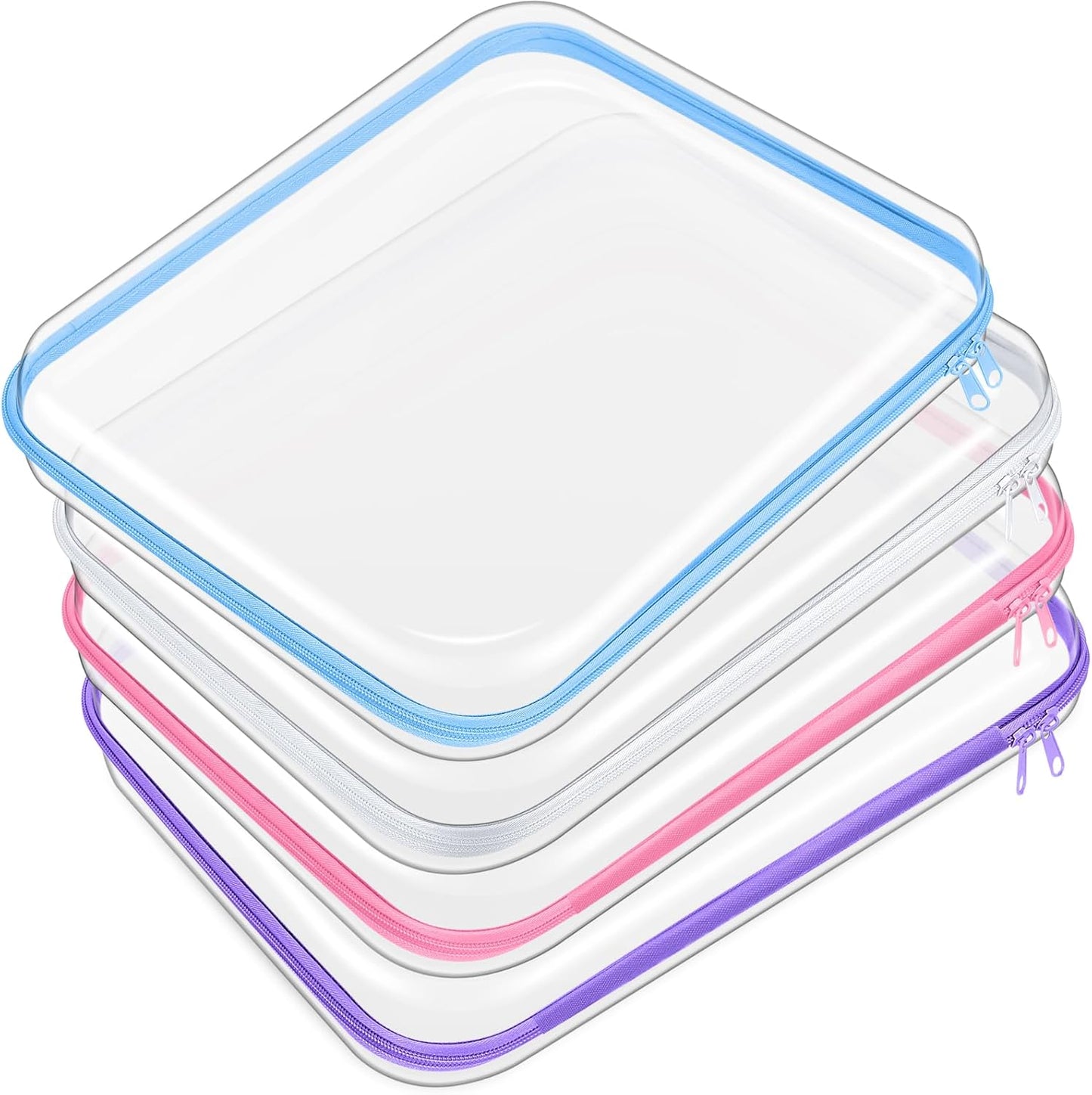 Clear Zipper Makeup Bags - 4 Pcs Hard Plastic Storage Pouches for Cosmetics & Snacks | 13.8 x 11.8 x 2 in, Multicolor