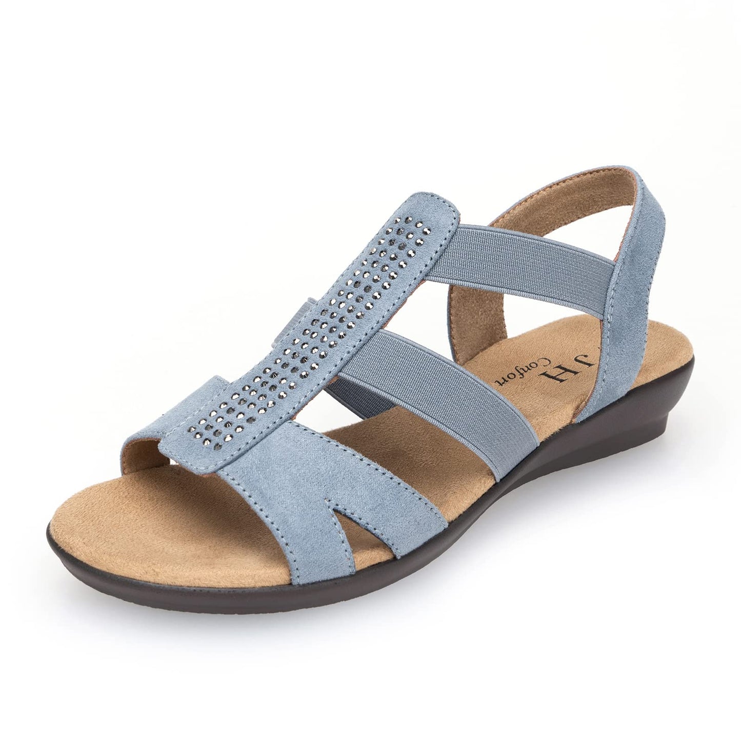 VJH confort Women's Flat Sandals with Rhinestone Open Toe Elastic Slip On Slingback Comfort Casual Walking Sandals (Dusty Blue,8)