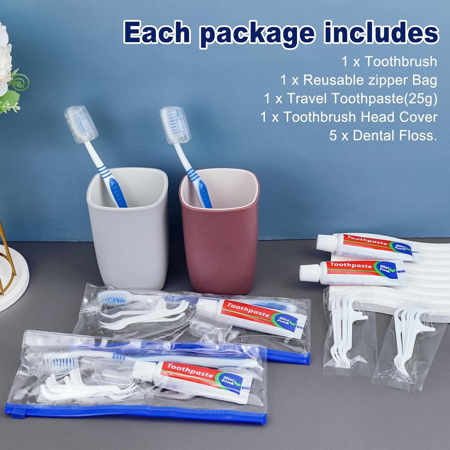 SLequipo 30 Disposable Toothbrushes with Toothpaste Set, Travel Kit Plastic Zip Bag,Toothbrush Head Cover, Bulk Toothbrush for Homeless,Travel,Hotel,Guest