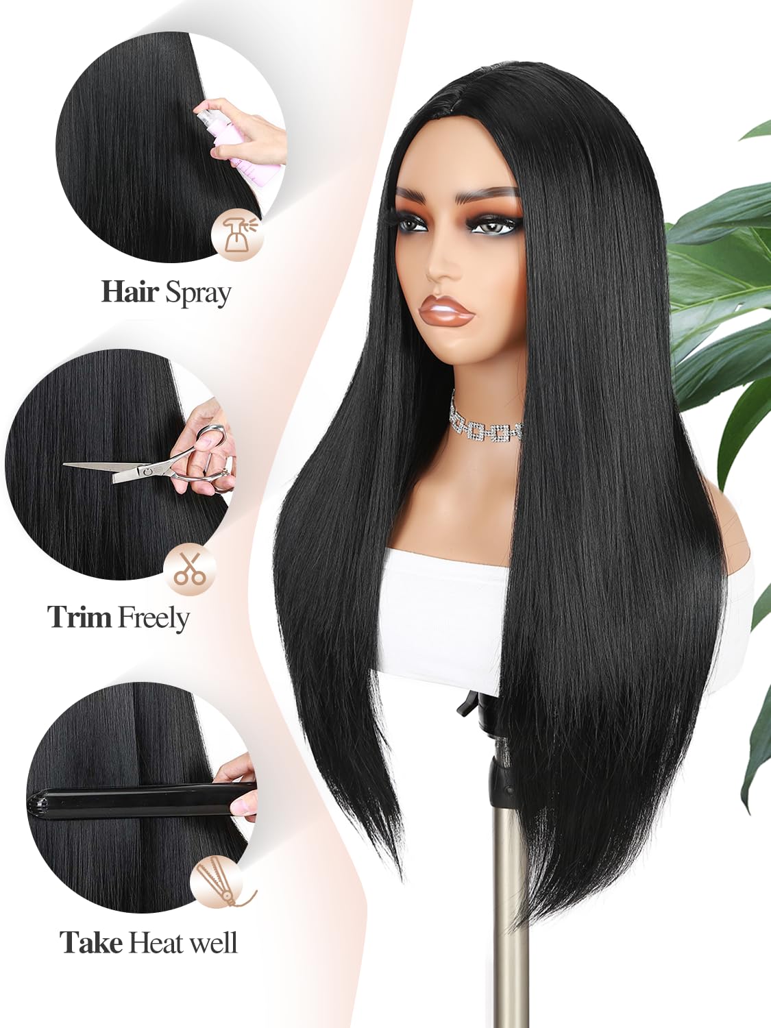 Long Black Wigs Straight Black Hair Dye Wig for Women Middle Part Synthetic Heat Resistant Natural Hair for Party or Halloween Costume Full Black Wigs for Girls