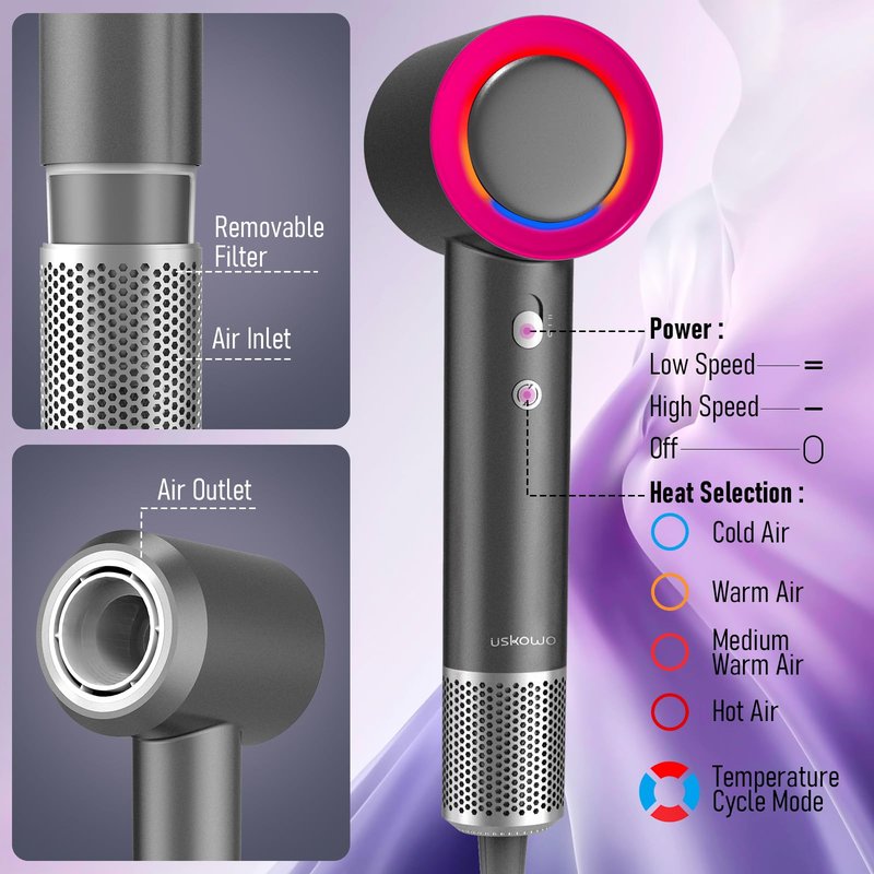 Hair Dryer, Blow Dryer with Diffuser,1800W High Speed Drying Low Noise Hair Ionic Hairdryer for Home Salon Travel