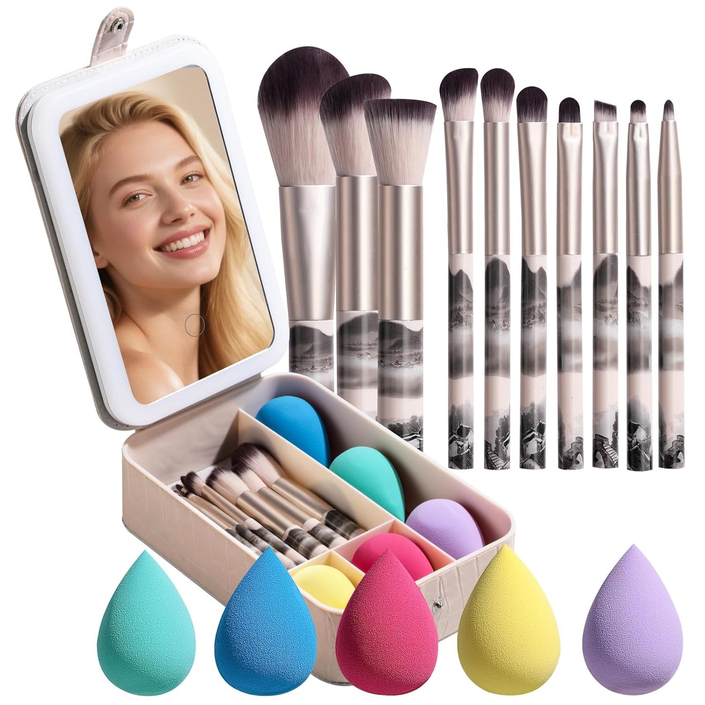 LED Makeup Mirror Case - 15-Piece Travel Makeup Brush Set with Sponge | Perfect for Beauty Routine