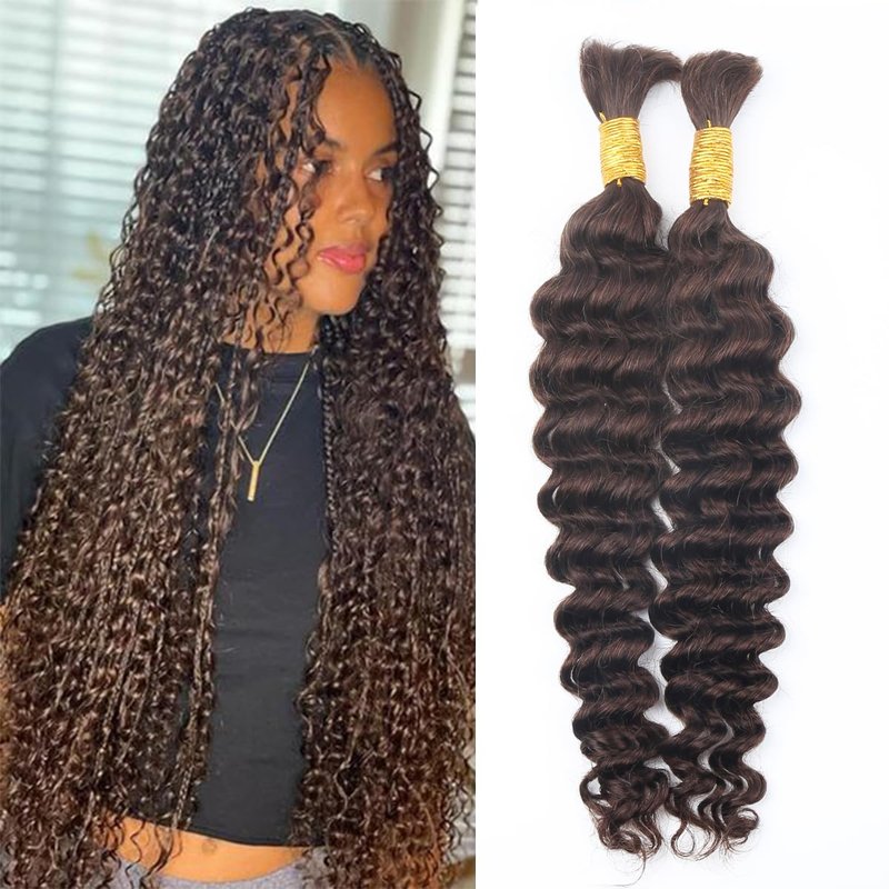 Human Braiding Hair for Boho Braids Deep Water Wave Curly Bulk Human Hair for Braiding Brazilian Virgin Human Hair for Micro Braiding Wet and Wavy Human Braiding Hair 100g 22inch Chocolate Brown