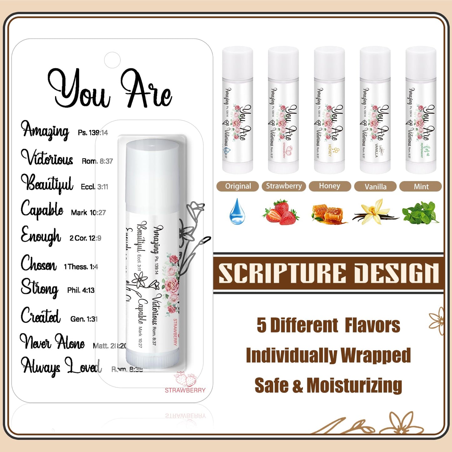 Sacubee 50 Pack Christian Gifts Bulk for Women Men Religious Lip Balms Bulk Church Party Favors Christmas Party Gifts Stocking Stuffers Bible Verse Study Supplies for Employee Staff Coworker
