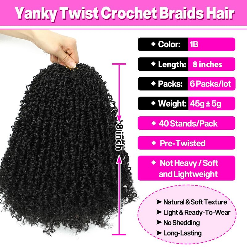 Youngther Yanky twist crochet hair 8 Inch 6 Pack Pre-Twisted Fluffy Short Passion Twist crochet hair for black women Soft crochet hair pre looped for kids senegalese twist hair extension (1B)