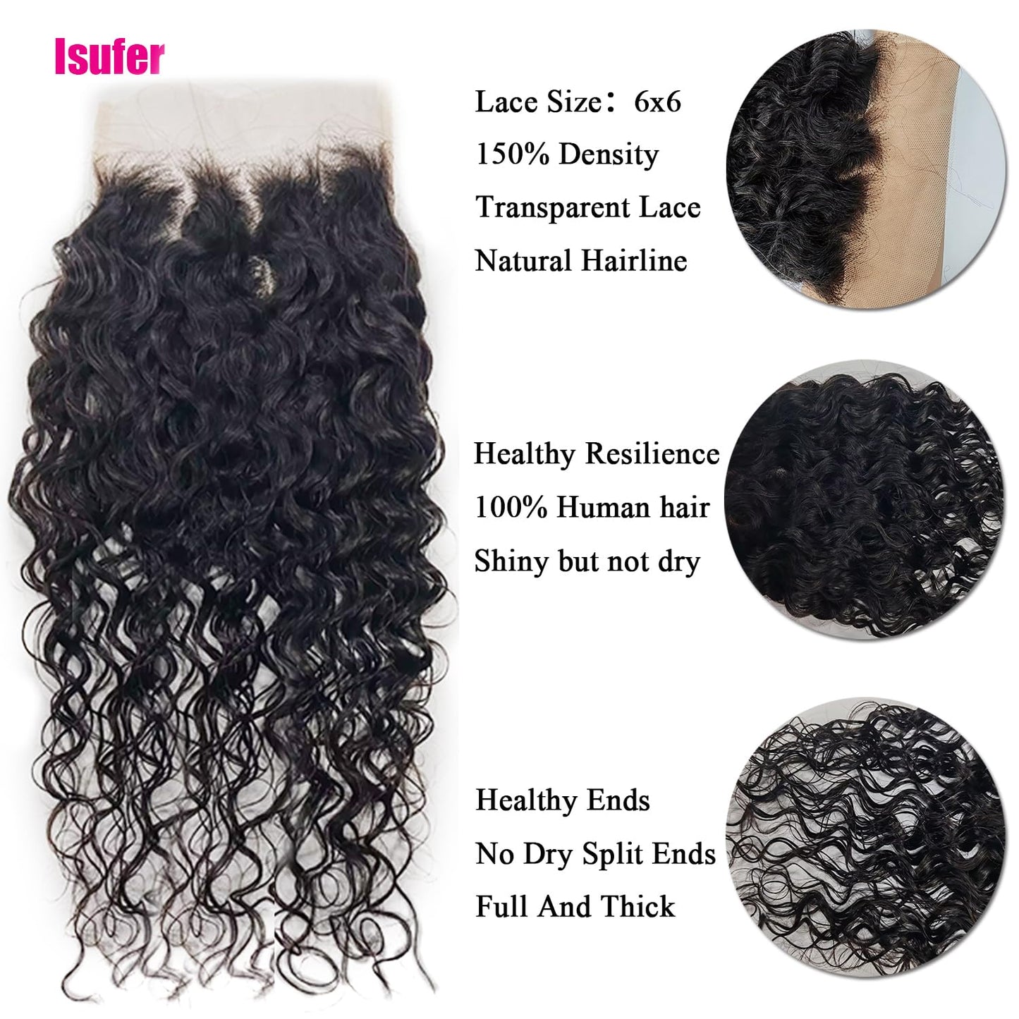 Water Wave 6x6 HD Transparent Lace Closure - 10 Inch Pre-Plucked Natural Hairline with Baby Hair | High Density Brazilian Virgin Human Hair