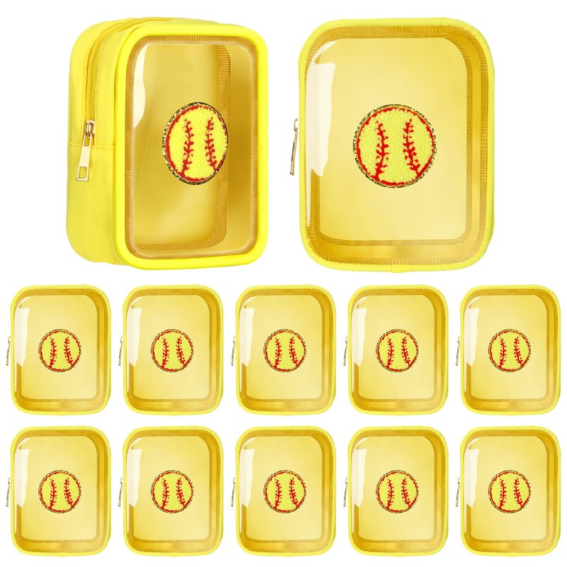 Reginary 12 Pcs Softball Party Favors Clear Softball Makeup Bag with Chenille Patch Portable Cosmetic Bag for Team Gifts Waterproof Travel Size