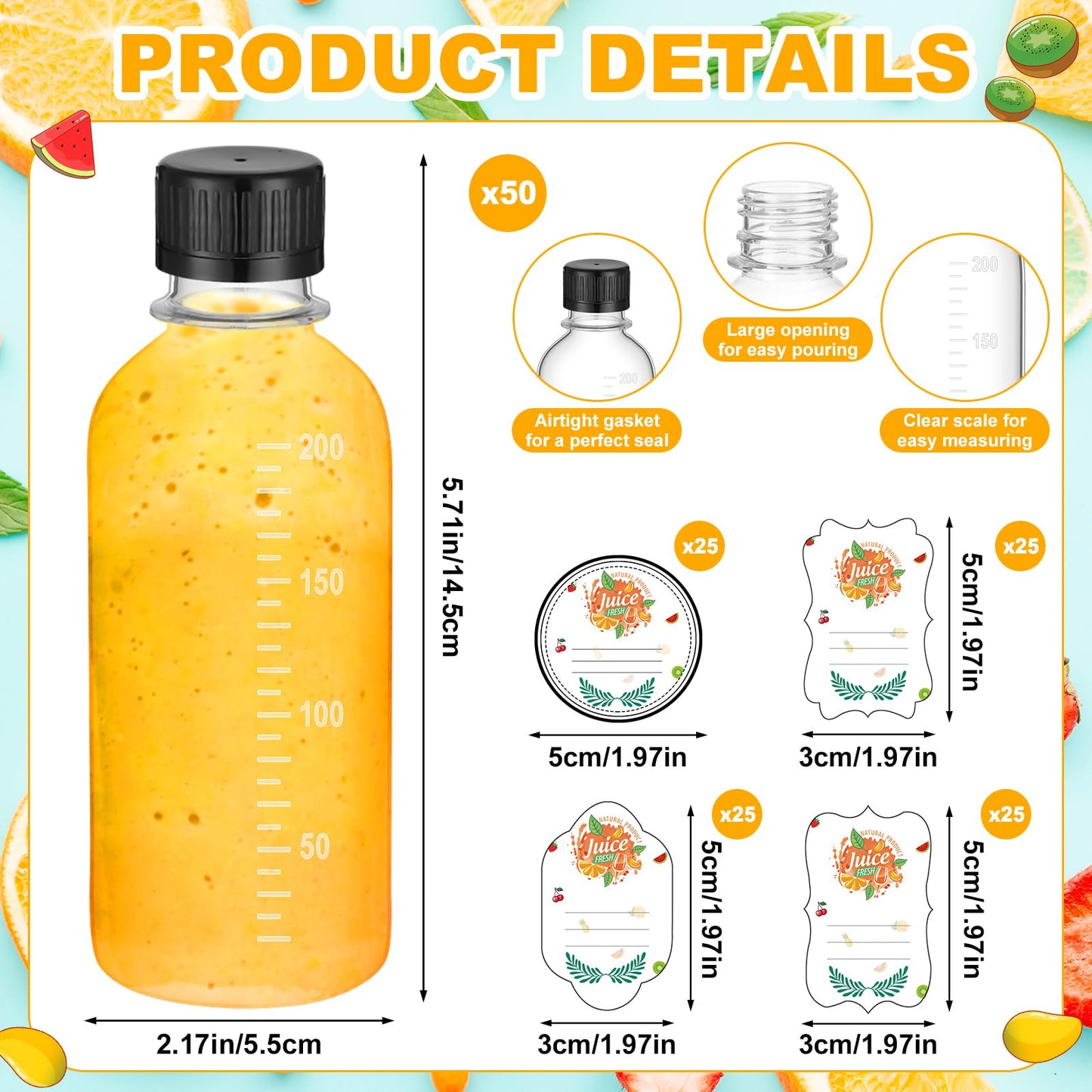 LemonRoad 50 Pcs 7oz Plastic Juice Bottles with Lids Clear Reusable Small Bottles with Scale, Labels & Funnels for Ginger Juice, Smoothies, Milk, Coffee, Meal Prep & Outdoor Travel