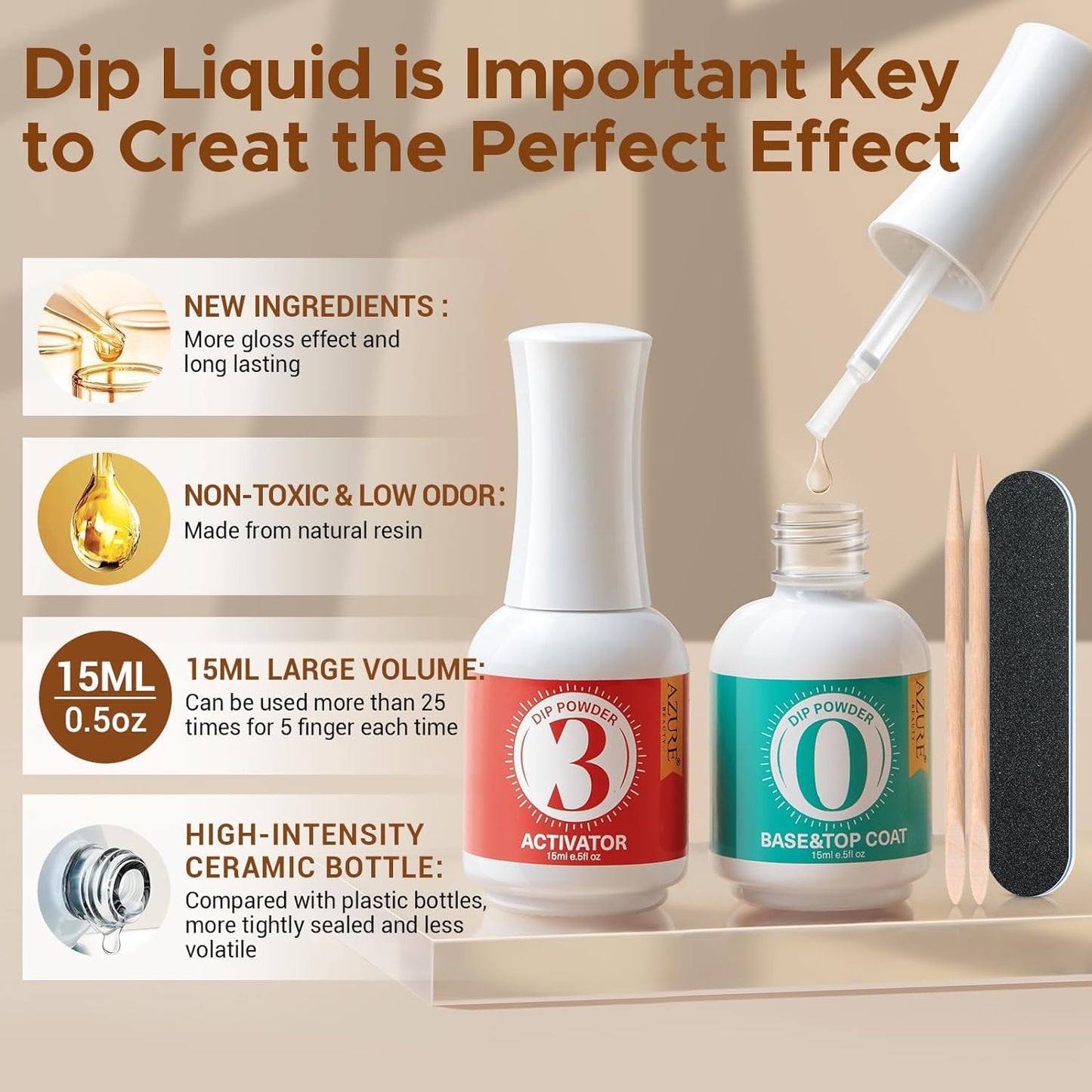 AzureBeauty 2 Combined into1 Dip Powder Base & Top Coat with Activator, 0.5oz/Bottle, Fast Drying, No Lamp Needed, for Nail Kit