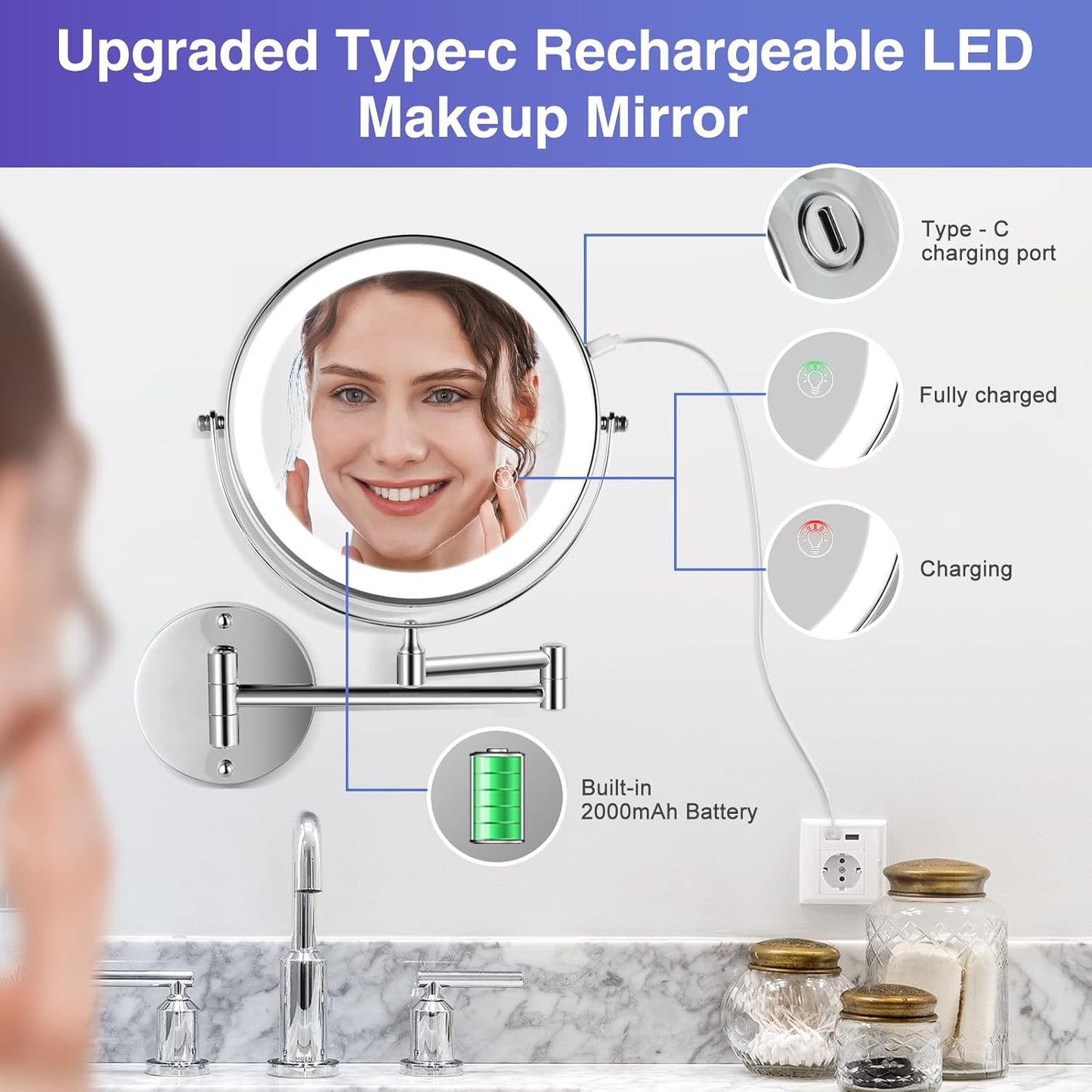 Wall Mounted Lighted Makeup Mirror - 8.5 Inch Double-Sided with 1X/15X Magnification | Chrome Finish for Vanity and Bathroom