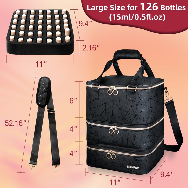 SIYNPAV Nail Polish Organizer Bag Holds 126 Bottles (15ml/0.5fl.oz)& Nail Lamp, 3 Layers Detachable Nail Kit Storage Case PU Leather, Large Travel Nail Supplies Shoulder Bag for Manicure Tools (Black)