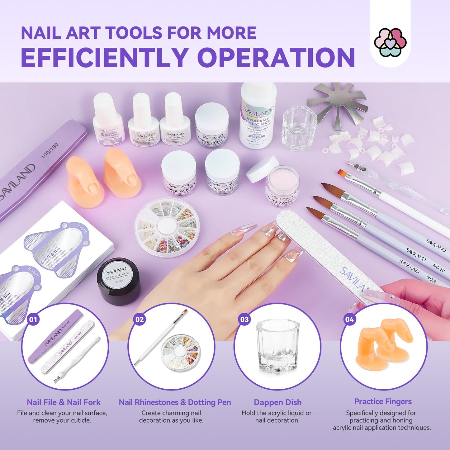 SAVILAND French Acrylic Nail Kit: Beginner Nail Kit Acrylic Set Easy to Use Acrylic Powder and Liquid Set with Half Cover Nail Tips Acrylic Nail Brushes Nail Tools for DIY French Manucure Kit