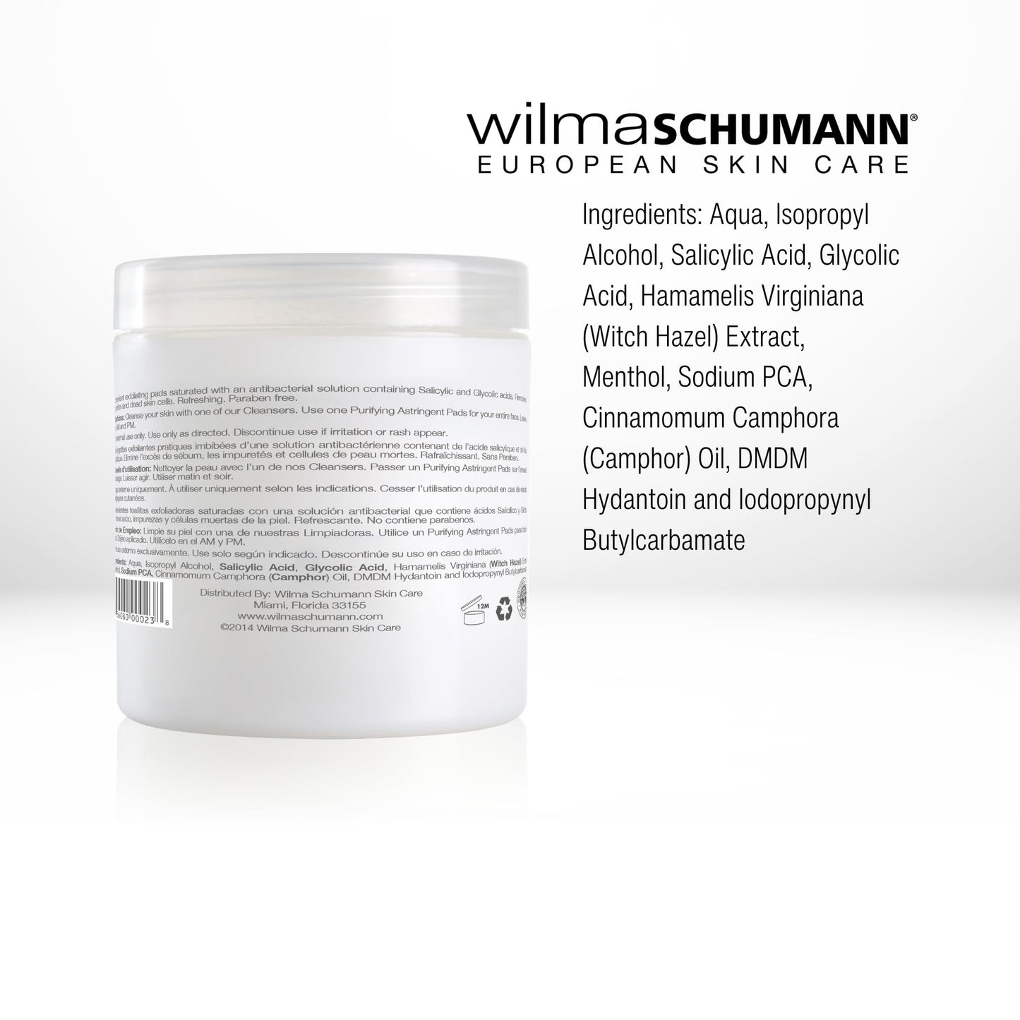 Wilma Schumann Purifying Astringent Pads for Face, 60 Pack - Ideal for Oily and Acne Prone Skin - Skin Exfoliating Pads with Salicylic Acid, Glycolic Acid, and Witch Hazel - Dermatologist Tested