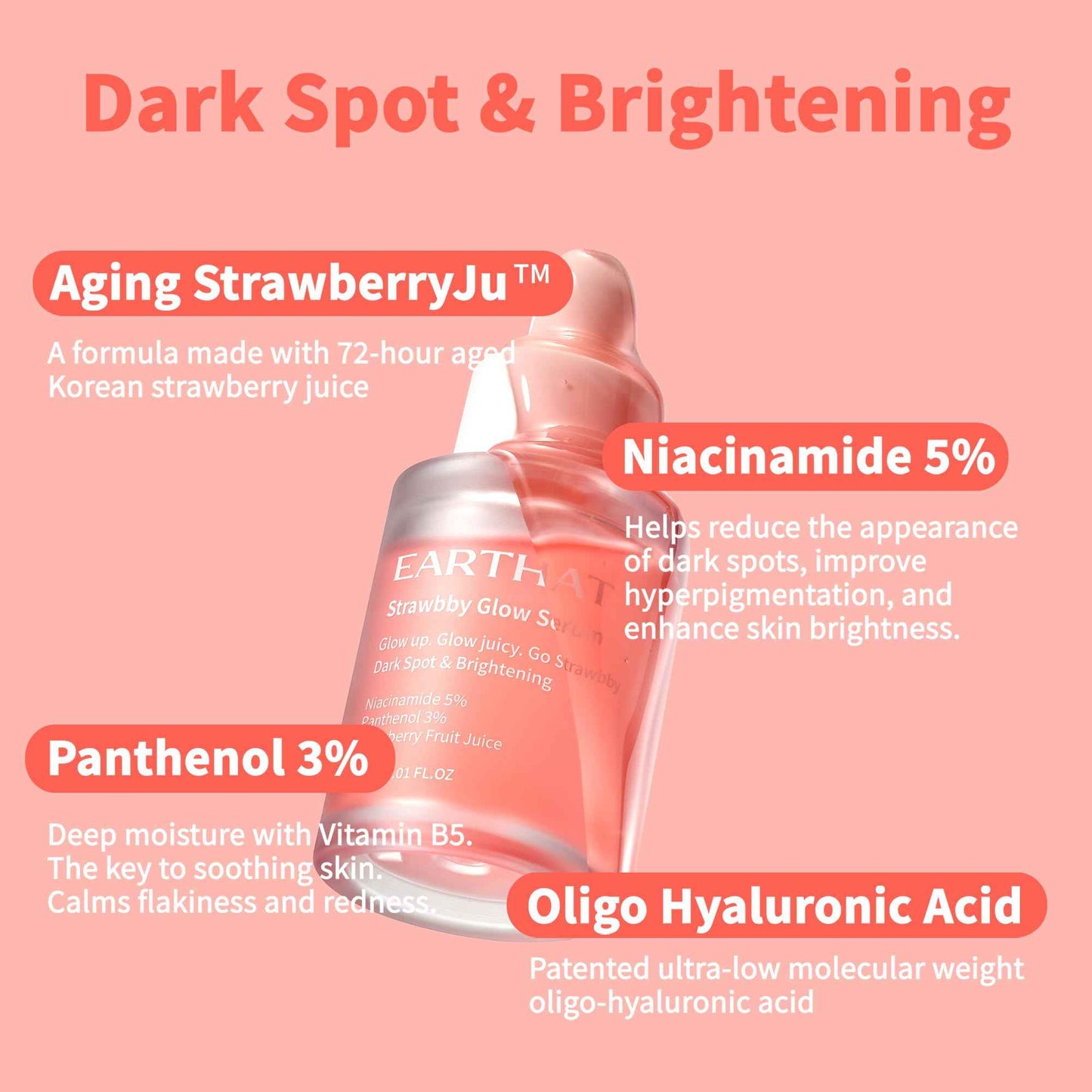EARTHAT Strawbby Glow Serum - Brightening & Hydrating Korean Dark Spot Corrector Skincare with Fermented Strawberry Juice, Niacinamide 5%, Panthenol 3% and Centella Asiatica for Glass Skin, 30ml