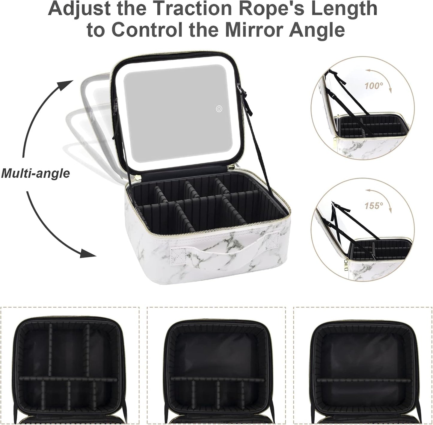 Lighted Travel Makeup Bag - Partitionable Train Case with Dimming Mirror | Cosmetic Organizer & Toiletry Gift