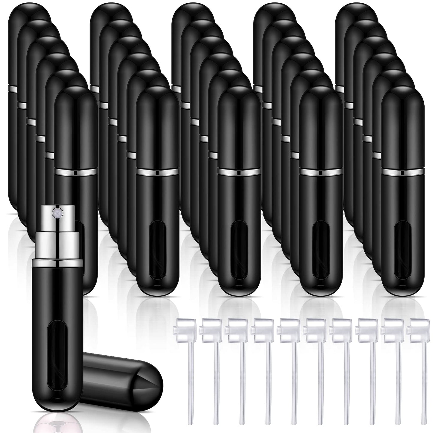 Bright Black Refillable Perfume Atomizer - 5 ml Mini Spray Bottle with 10 Dispenser Pumps - Travel Perfume Bottle Case