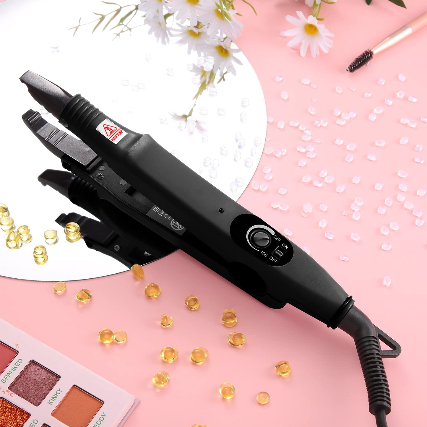 Lanties Hair Extensions Iron Fusion Keratin Hair Extensions Heat Tool Heat Connector Wand with Fusion Glue Protector Template Hair Clip Finger Protector 2 Bag Keratin Glue Granule Bead(Black)