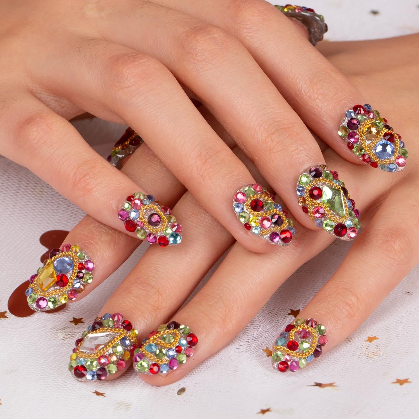 LOVFUL Press on Nails Precious | Handmade with Full Covered Crystals | Reusable Fake Nails | Almond Short 0.8 in | H175-S