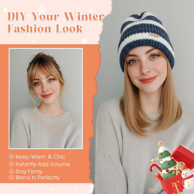 Benehair Beanie Wig Hair Extensions, Knitted Hats with Synthetic Bob Wig Hairpieces for Women Winter, 11 Inch Short Straight Dark Brown Hair with Blue & White Stripe Beanie