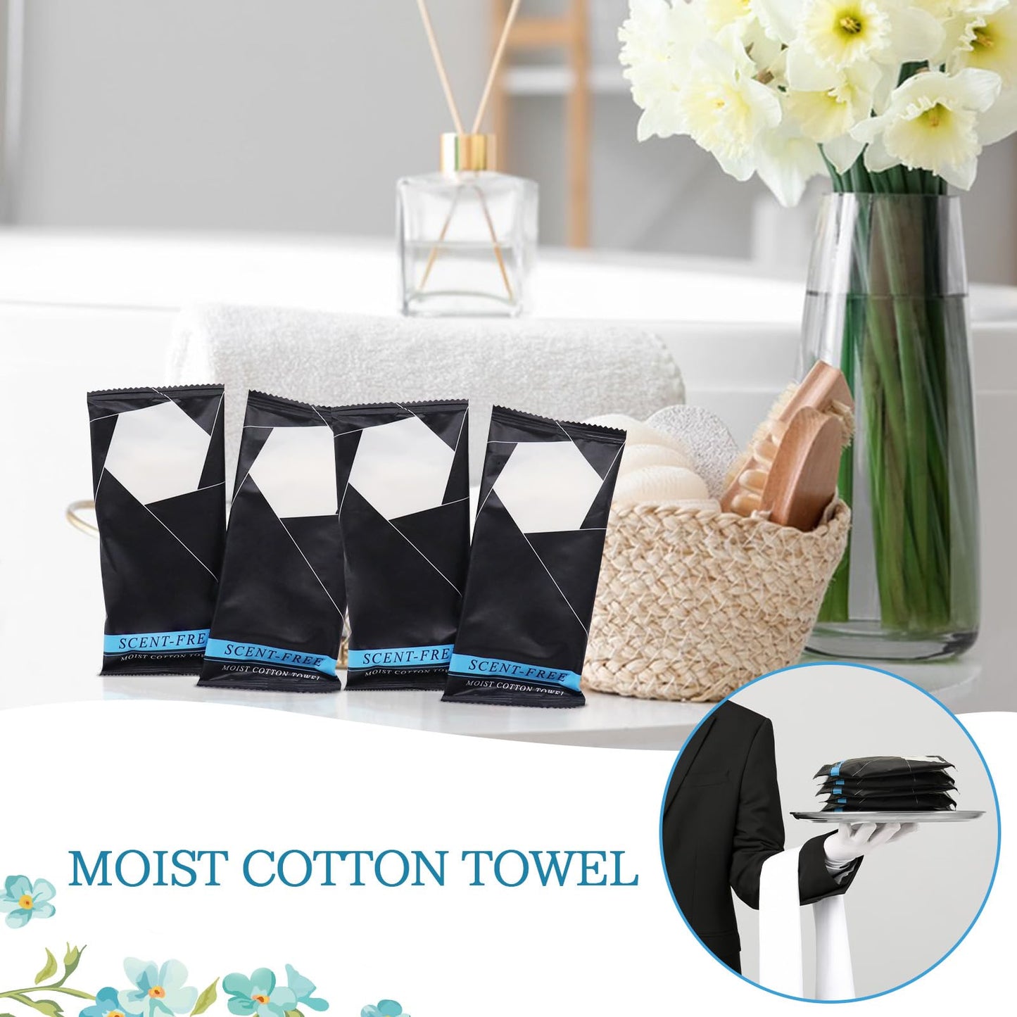 50 Pcs Moist Towel Bulk Moist Towelettes Individually Wrapped,White Towel Services 8.5''x 8.5'' Unscented Wet Hand Towels,Disposable Refreshment Pre Moistened Towels for Travel Camping Sport Spa Party