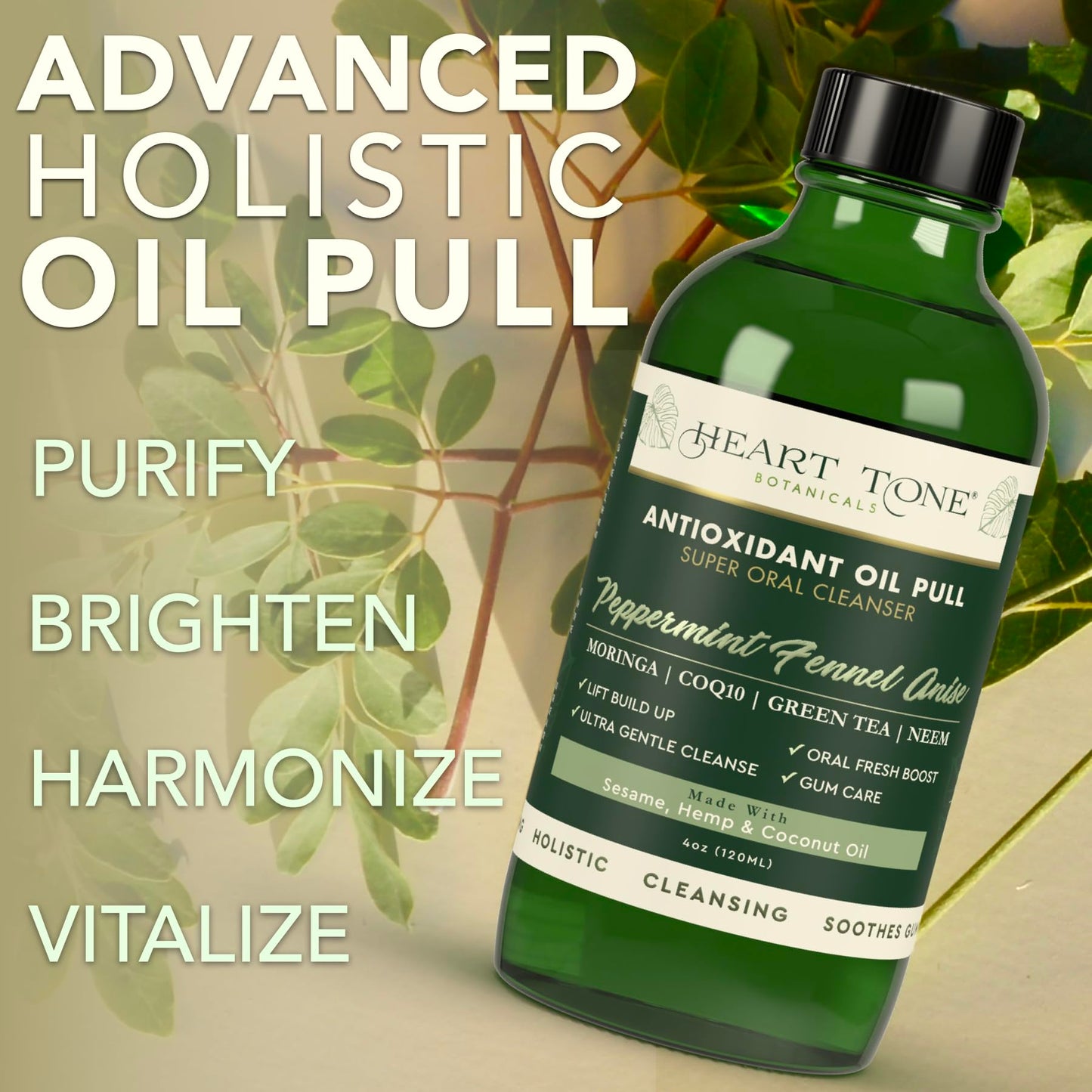 Heart Tone Botanicals Oil Pulling Oral Conditioner | Cold Pressed Sesame Neem Moringa Coconut Oil | 18 Botanical Extracts CoQ10 | Fluoride Free | Anise
