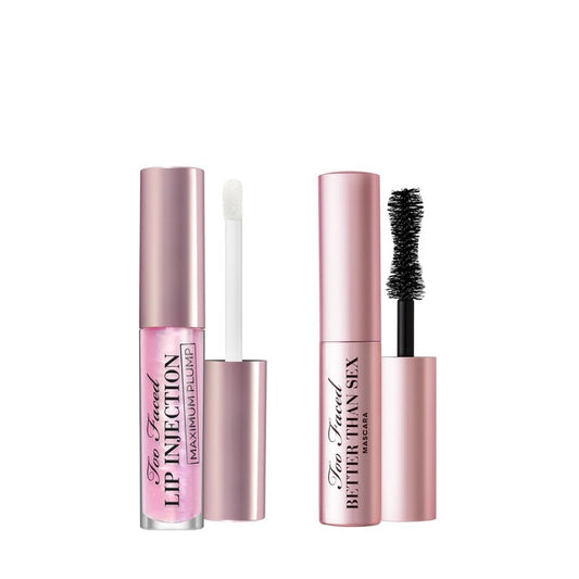 Too Faced Better Than Sex Mascara & Lip Injection Plumper Travel Set | Includes Better Than Sex Mascara For Volume, 0.17 Fl Oz + Lip Injection Maximum Plump for Hydrating Gloss, 0.10 Fl Oz