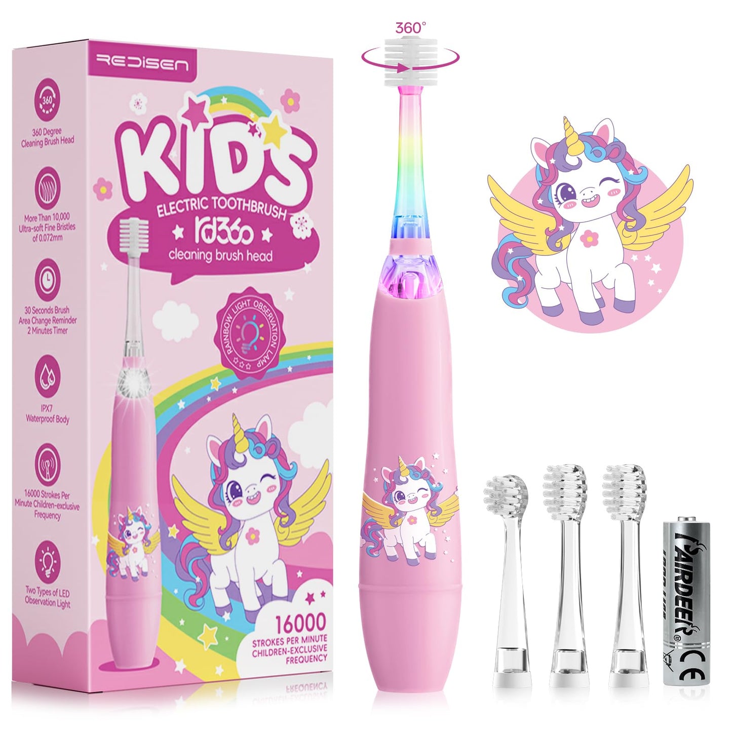 ReDISEN Electric Toothbrush for Kids Toddler 1-5 Years, Unicorn Toothbrush with LED Light, 360° Sonic Baby Toothbrush, 2 Min Timer, Gentle Vibration, Pink Unicorn Design for Girls