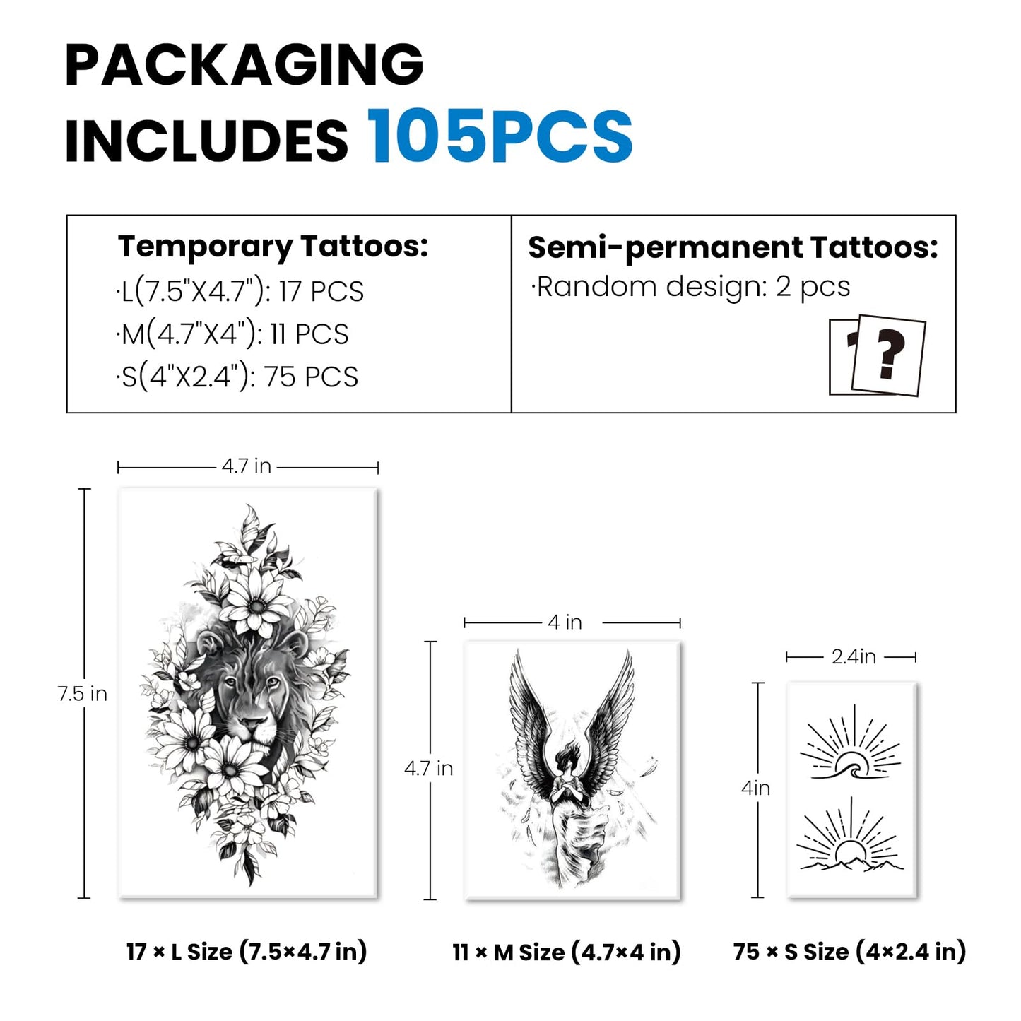 105 Sheets Large Temporary Tattoos For Women Men Adult, Dragon Tiger Wolf Tribal Christian Floral Realistic Fake Tattoo Stickers for Arm Leg Hand, Waterproof & Non-Reflective
