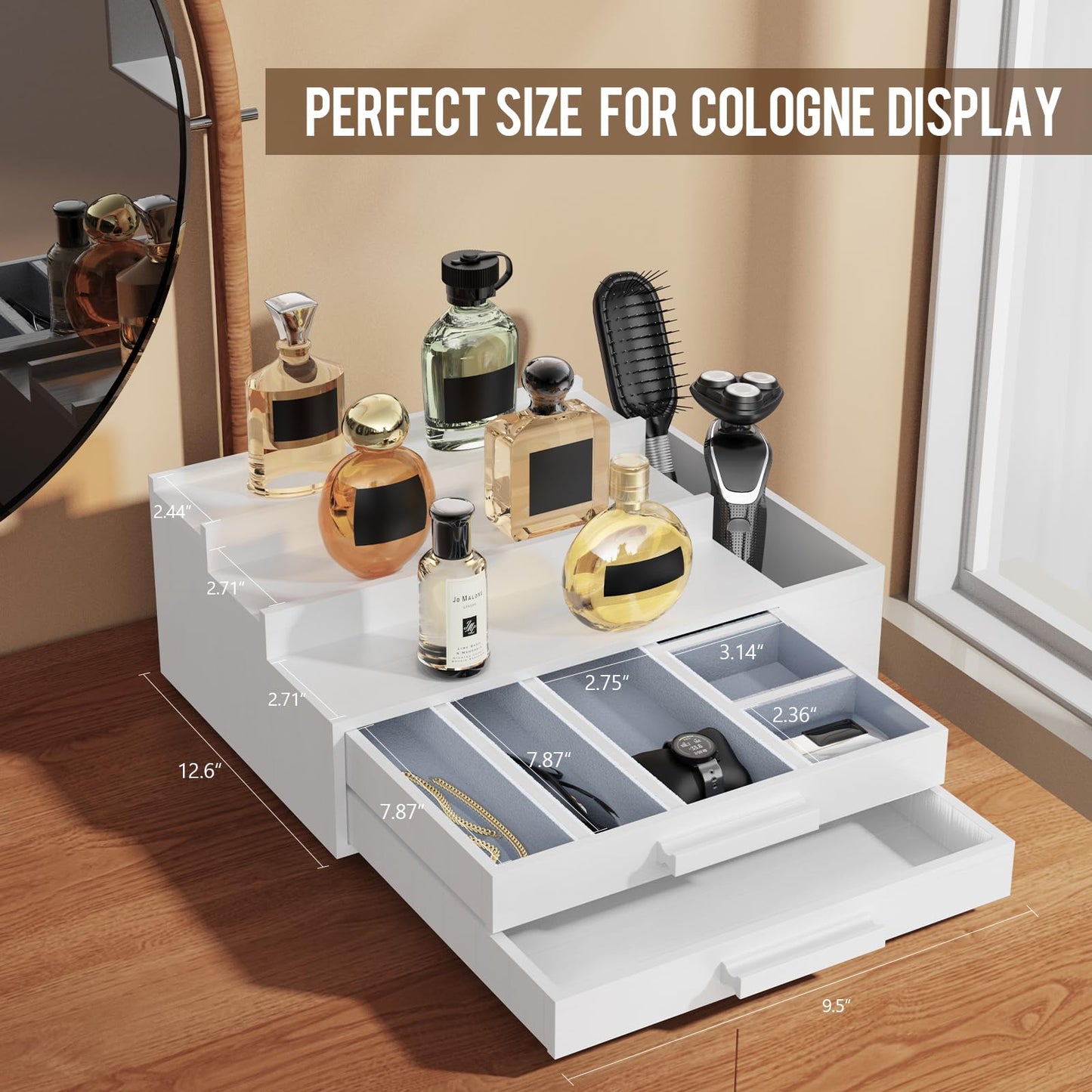 Cologne Organizer for Men,3 Tier Cologne Stand with 2 Drawer and Side Extended Storage Space,Wood Perfume Stand Organizer，Great Gift Packing Box for Men and Women-White