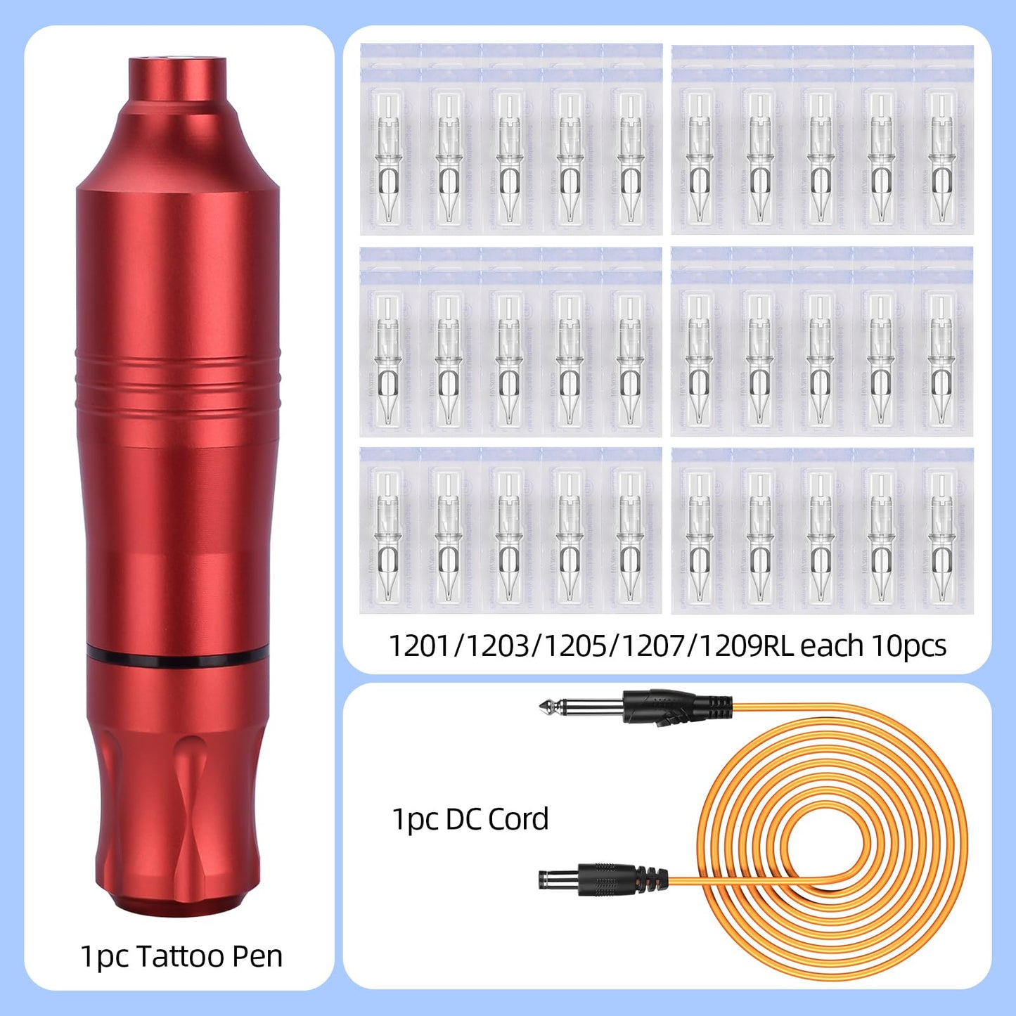 Rotary Tattoo Machine, ATOMUS Tattoo Pen Style Cartridge Machine Gun Liner Shader with DC Clip Cord 50pcs Mixed Cartridge Needles 10pcs of Each 1RL 3RL 5RL 7RL 9RL (Red)