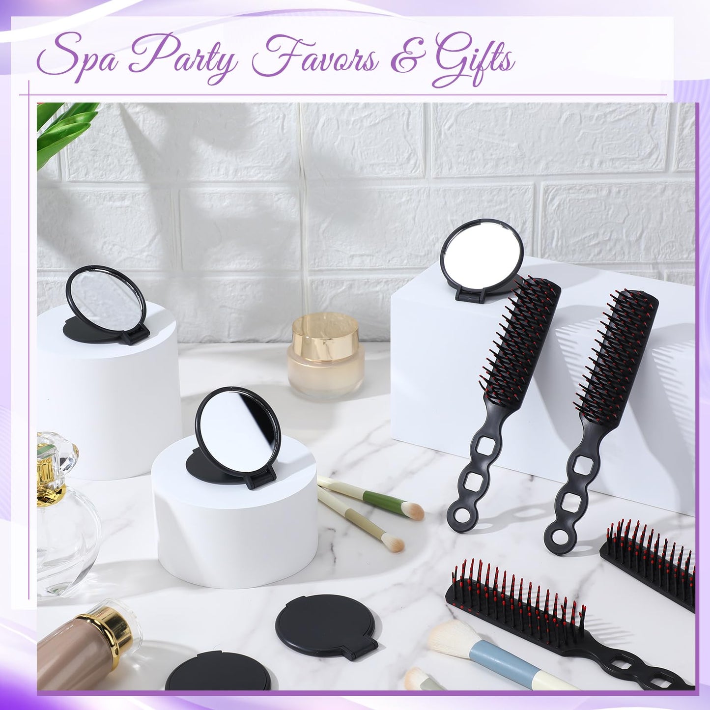 Ferrochef 48 Pcs Hair Brushes and Folding Mirrors Set for Homeless Include Bulk Mini Hair Combs and Mini Portable Round Pocket Makeup Compact Mirror Spa Party Gift for Women for Purse Travel (Black)