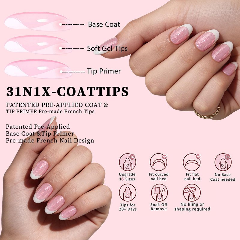 Dsixnails Pink Glitter Base Soft Gel Nail Tips, 160Pcs Short Oval French Tip Press On Nails, Pre-Lasting Acrylic Fake Nails, Soak Off Full Cover Nails Extension for Women Girl 16Sizes