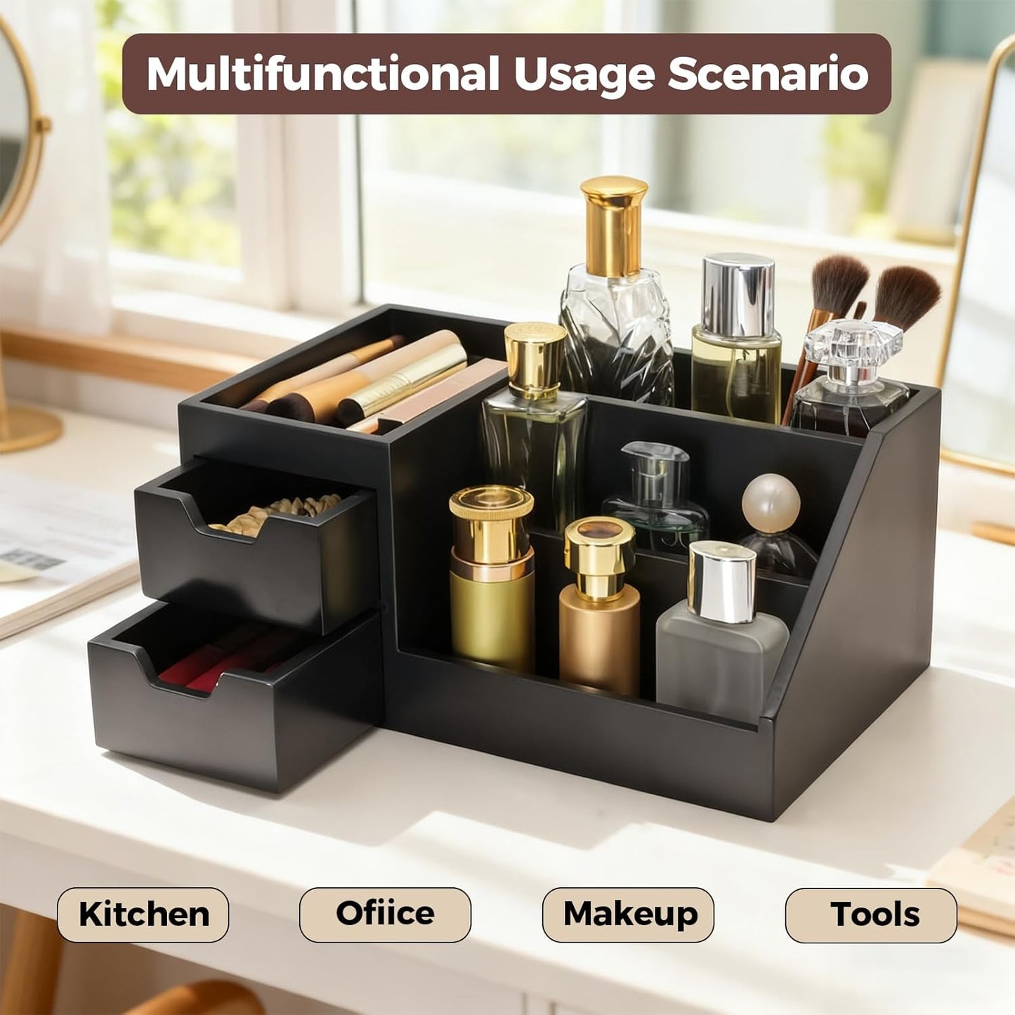 Perfume & Makeup Organizer - Wooden Countertop Rack for Cologne, Skincare & Dresser | Black, Medium Size