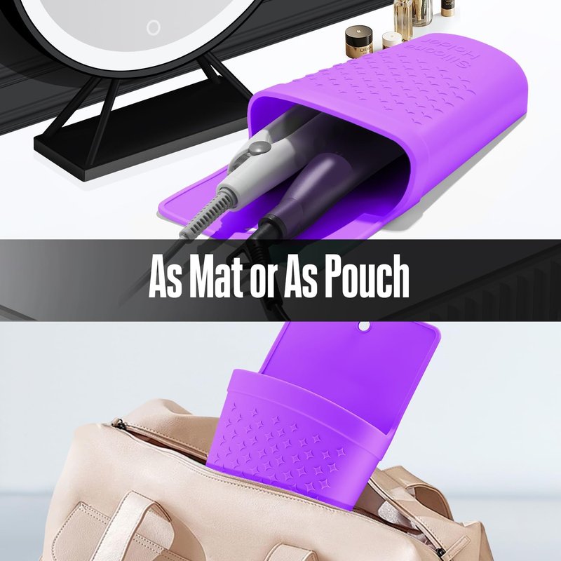 Heat Resistant Silicone Hair Iron Mat & Pouch - Portable Travel Holder for Styling Tools | Purple - 2 Pack