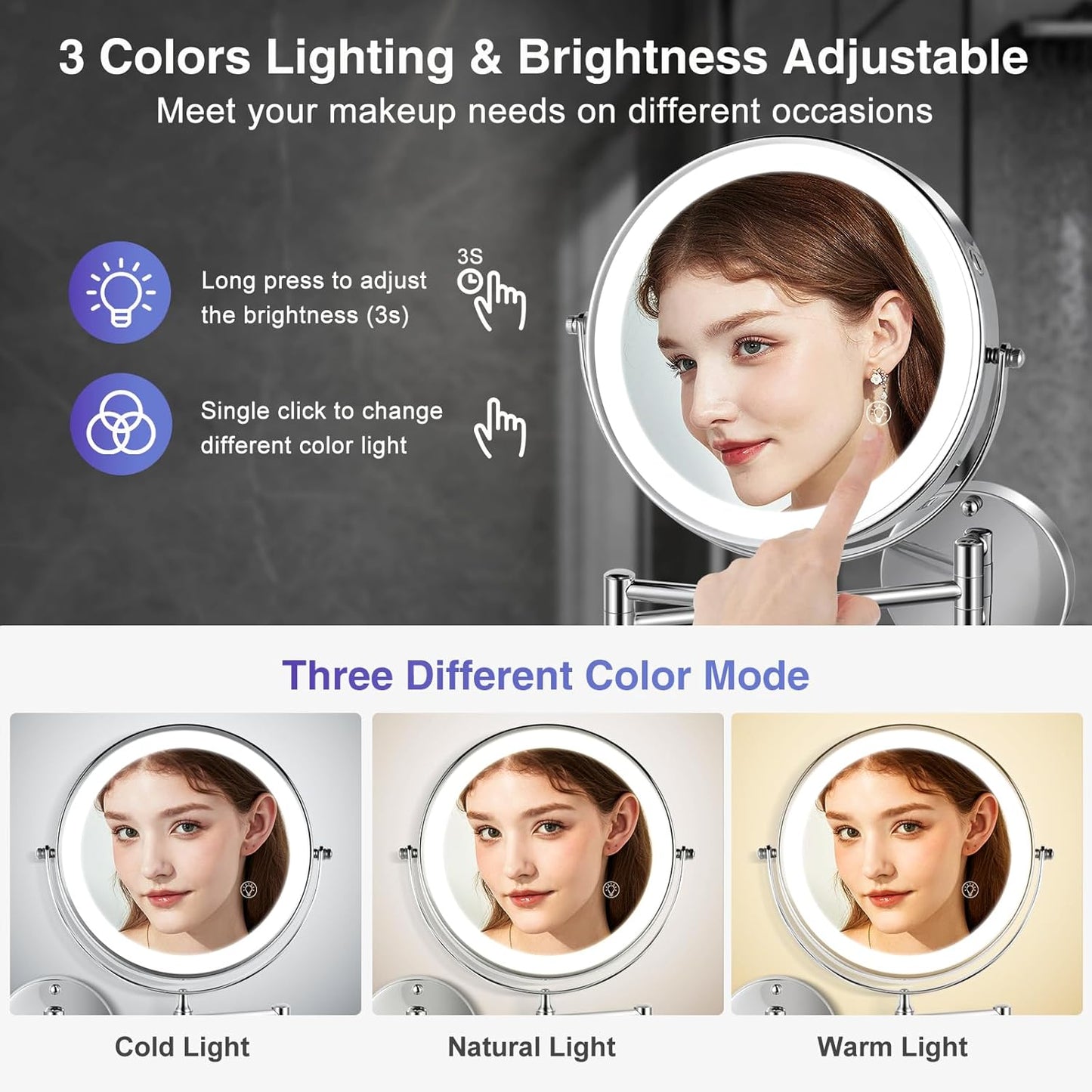 Wall Mounted Lighted Makeup Mirror - 8.5 Inch Double-Sided with 1X/15X Magnification | Chrome Finish for Vanity and Bathroom