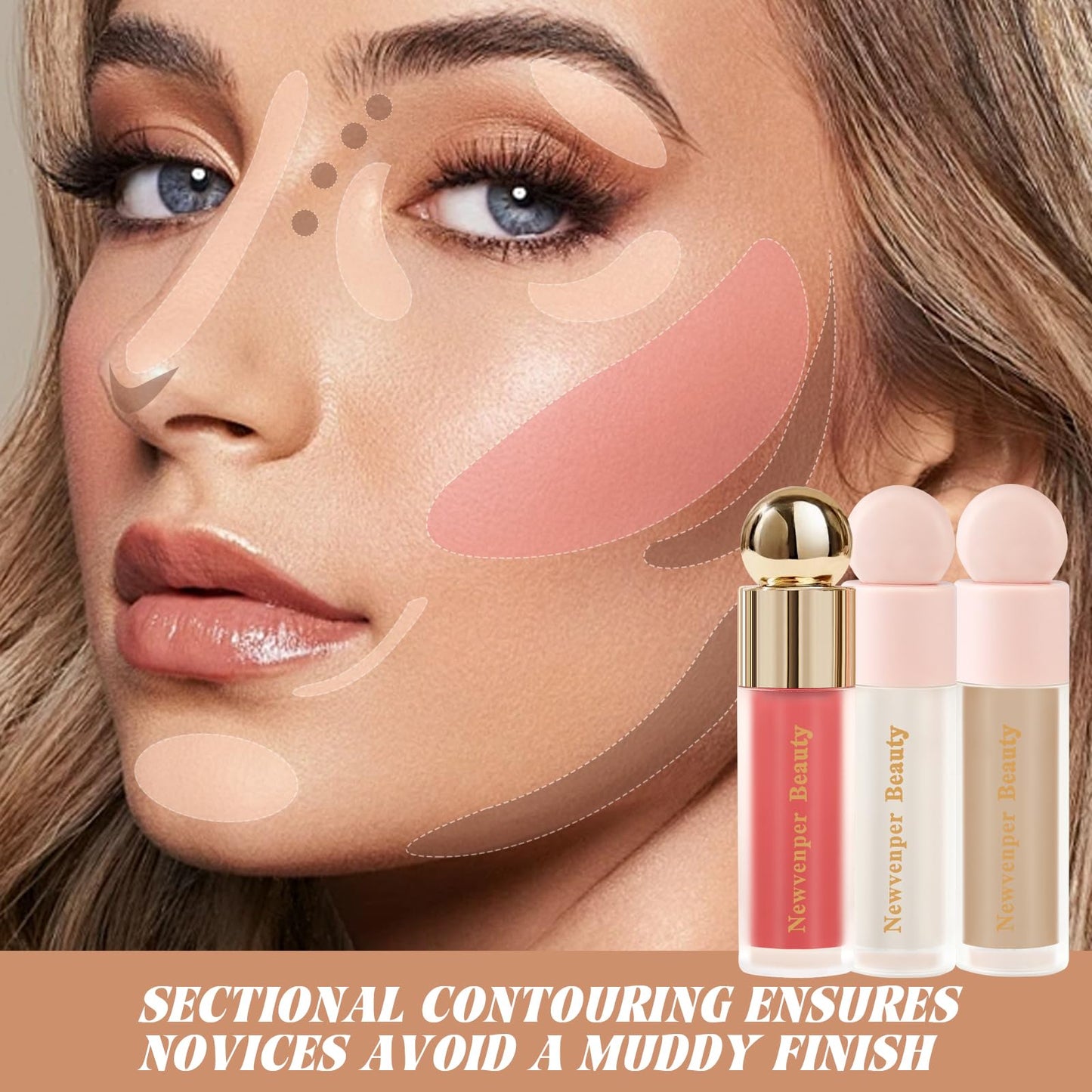 Liquid Contour,Liquid Highlighter, Blush with Face Brush Long Lasting Smooth Lightweight Smudge Proof Contour+ Blush+ Highlighter