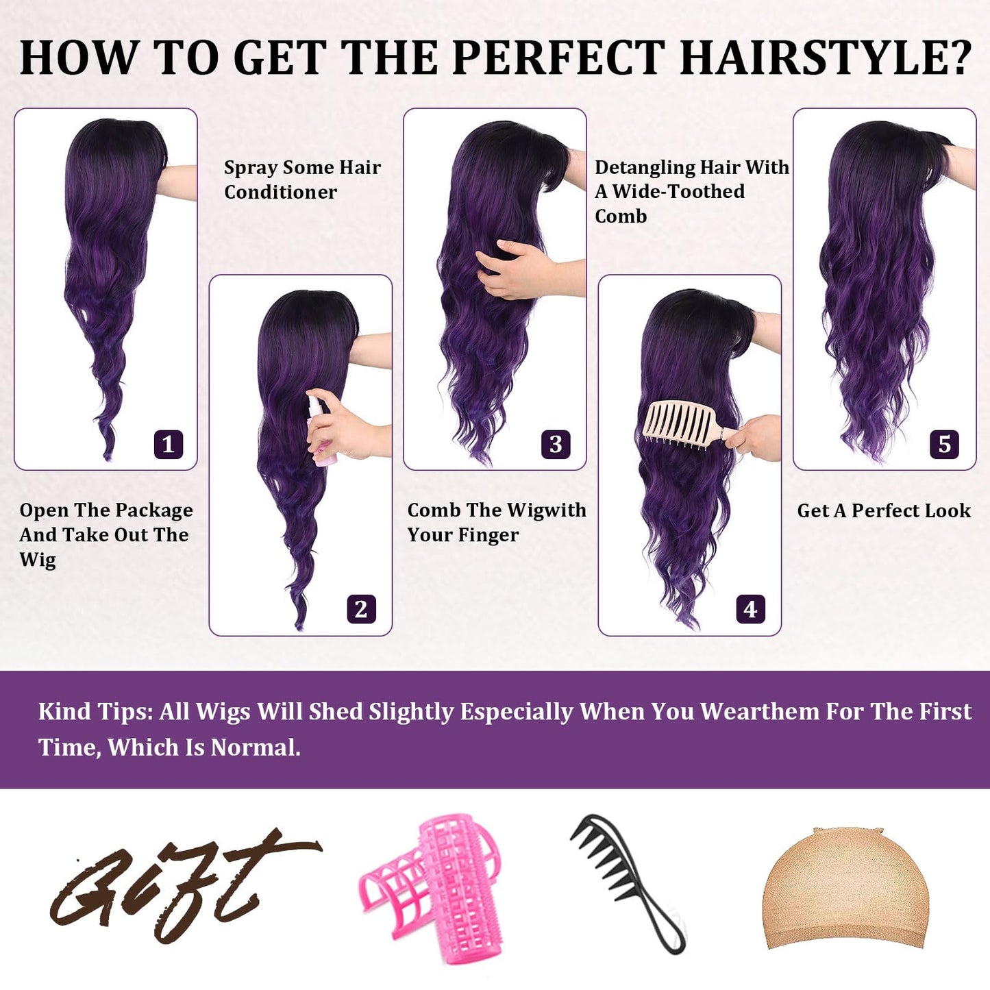 Wallden Hair Purple Wigs with Bangs Long Curly Wavy Women's Wig Ombre Heat Resistant Synthetic Bangs Wig for Daily Party Use(Ombre Purple, 26 Inches)