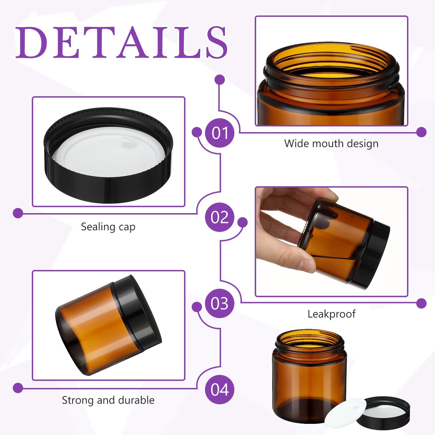 30 Pcs 4 oz Amber Glass Jars with Black Lids Leakproof Round Airtight Jars Empty Cosmetic Jars with Inner Liners Lid for Candle Making Storing Lotions Spice Powder Liquid Sample Makeup (Black,Amber)