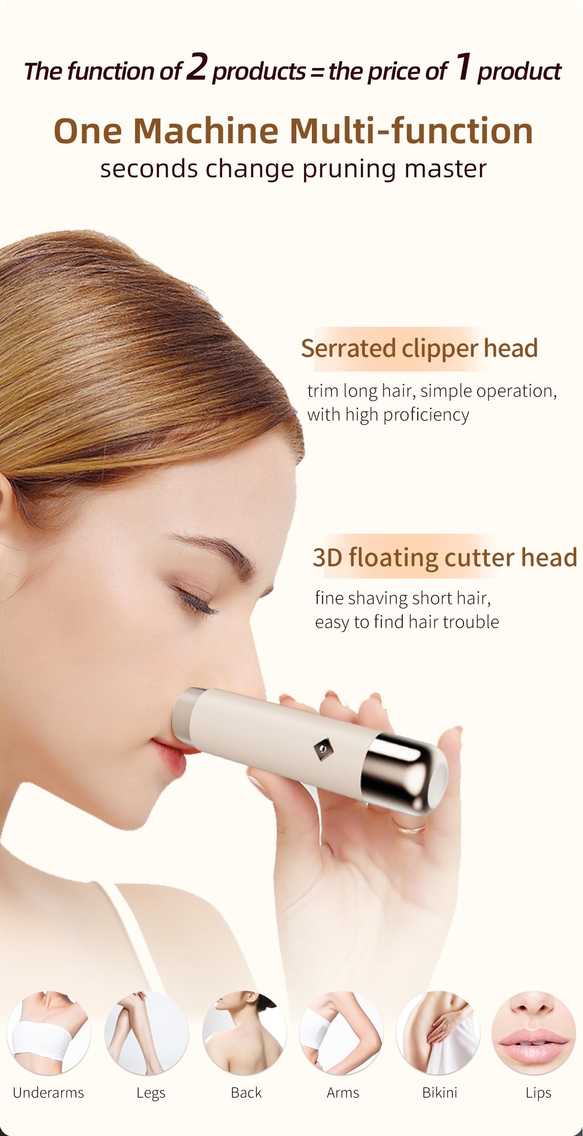 Dual-Head Rechargeable Hair Trimmer for Women, Body Shaver with 3D Floating Blades, Detachable Heads, Smooth & Painless Hair Removal