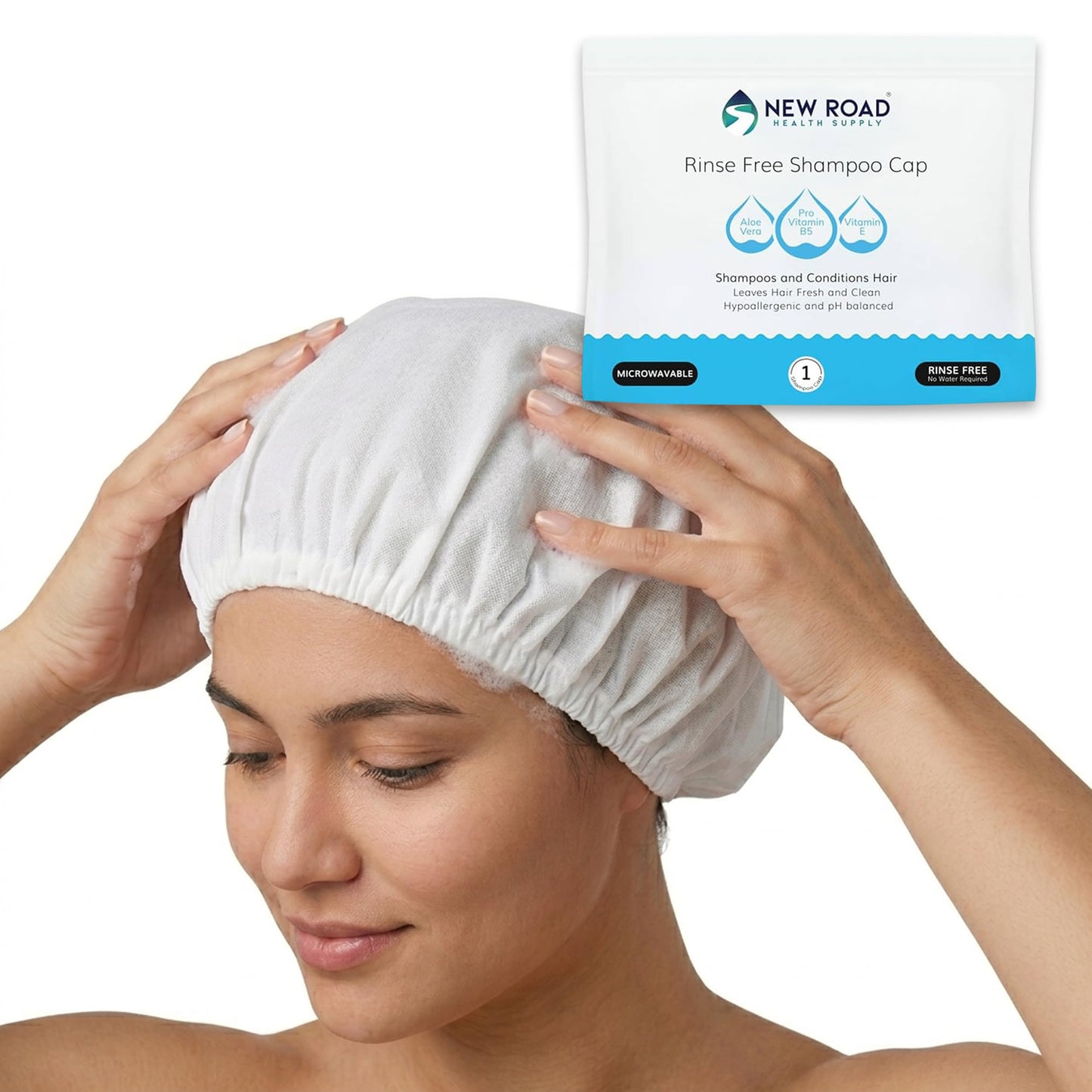 New Road Health Supply Rinse-Free Shampoo Cap, No Water Needed, Cleans and Conditions Hair, pH Balanced & Hypoallergenic, Waterless Shampoo Cap for Adults, Elderly & Caregivers, 12 Pack