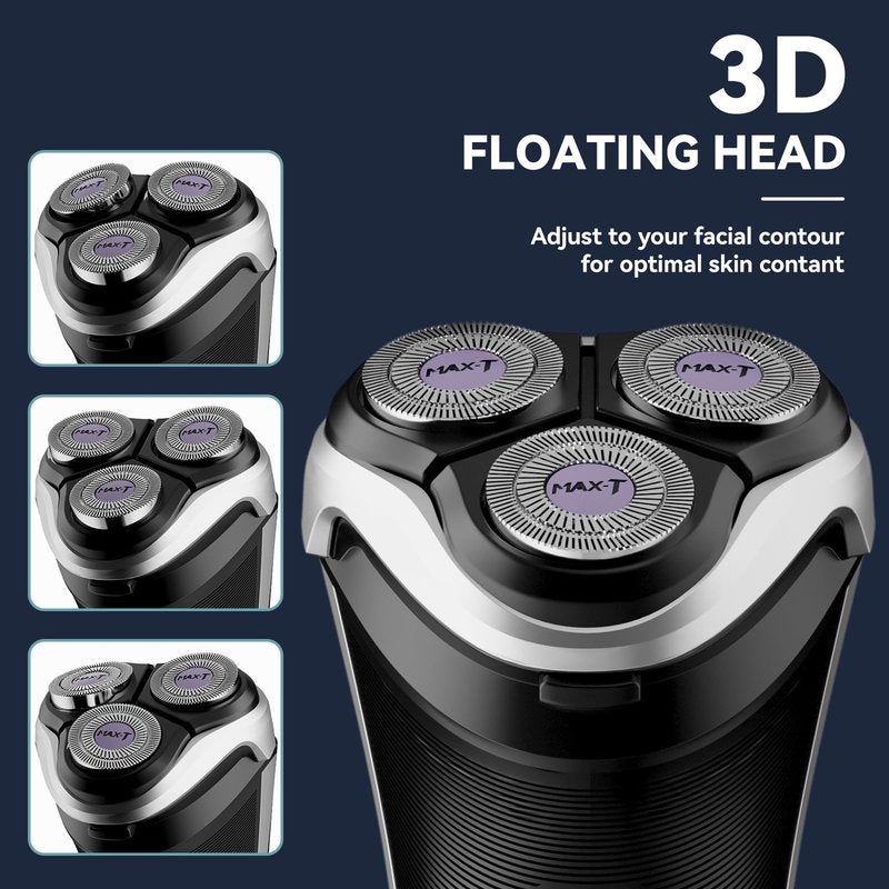 MAX-T Men's Electric Shaver - Corded and Cordless Rechargeable 3D Rotary Shaver Razor for Men with Pop-up Sideburn Trimmer Wet and Dry Painless 100-240V Black (Metal Black)