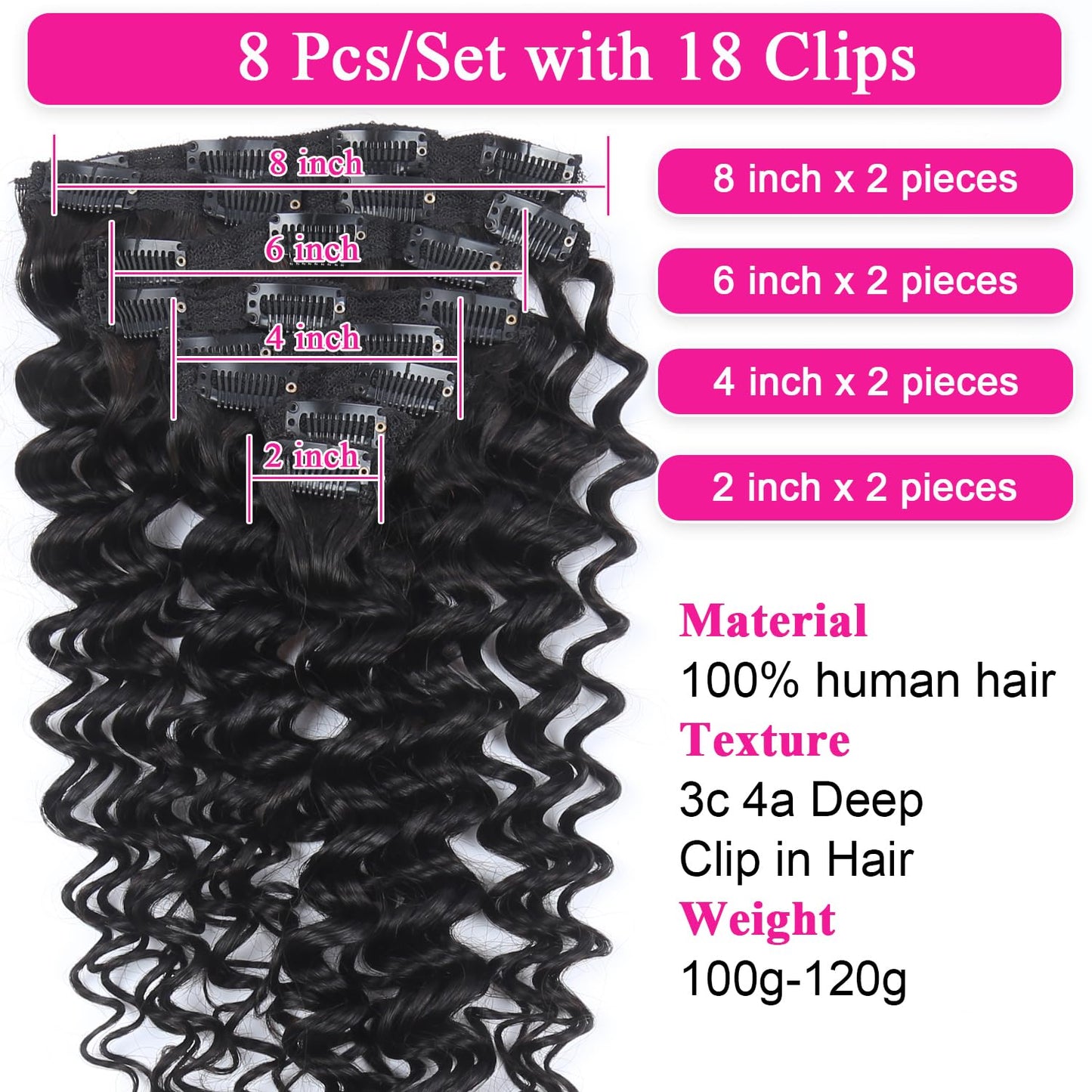 Deep Wave Clip in Hair Extensions Real Human Hair 14 Inch Deep Curly Clip ins for Women Invisible Seamless Remy Human Hair Clips in Extensions 8pcs 100g/3.5oz 20 Clips Double Weft Natural Black