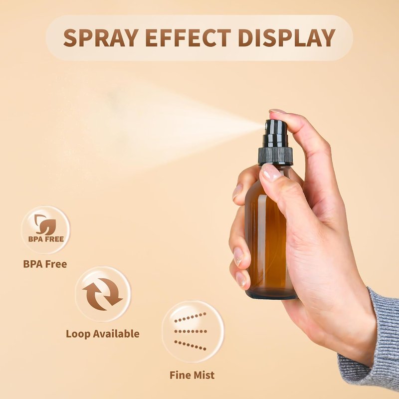 Billionstars 24 Pack Glass Boston Round Bottles - 2oz Amber Mist Sprayers for Essential Oils | Leakproof Travel Containers