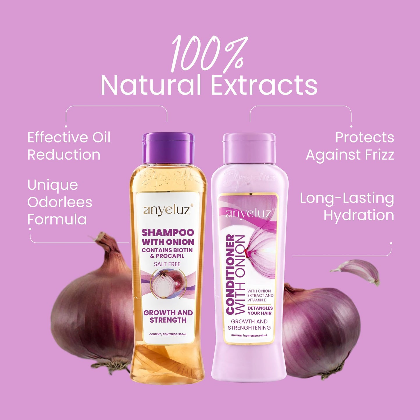 Anyeluz Onion Shampoo and Conditioner for Hair Growth with Biotin, Salt and Paraben Free Hair Care Duo with Keratin and Botanical Extracts for Stronger Softer Hair