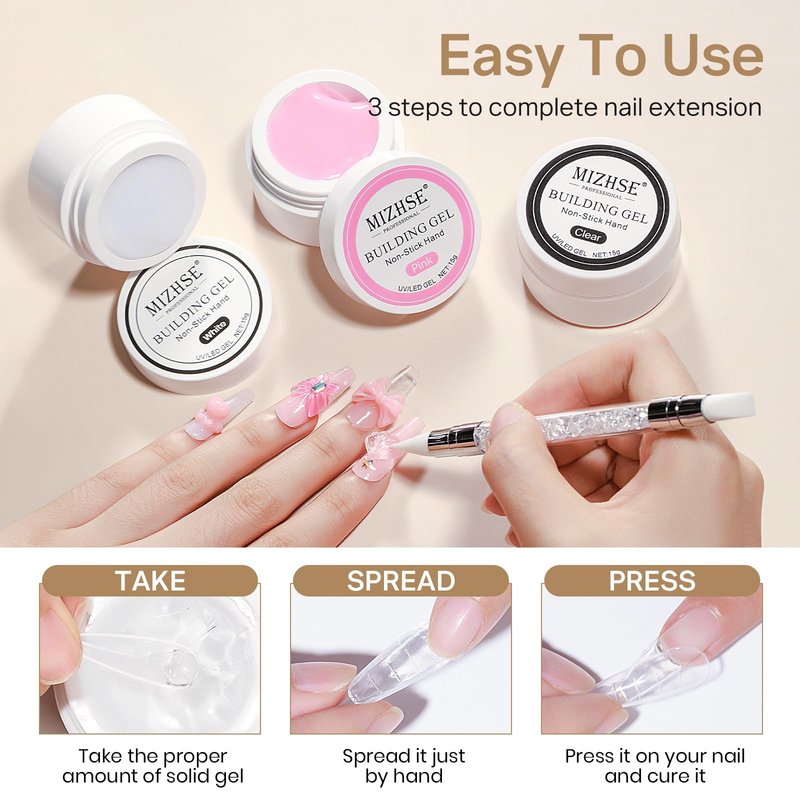 MIZHSE Solid Builder Gel for nails, 3 Colors Sculpting Gel for Nails, Clear White Pink Non-Sticky Hand 3D Nail Art Building Carving Modeling Hard Nail Extension Manicure Salon Home DIY Gift