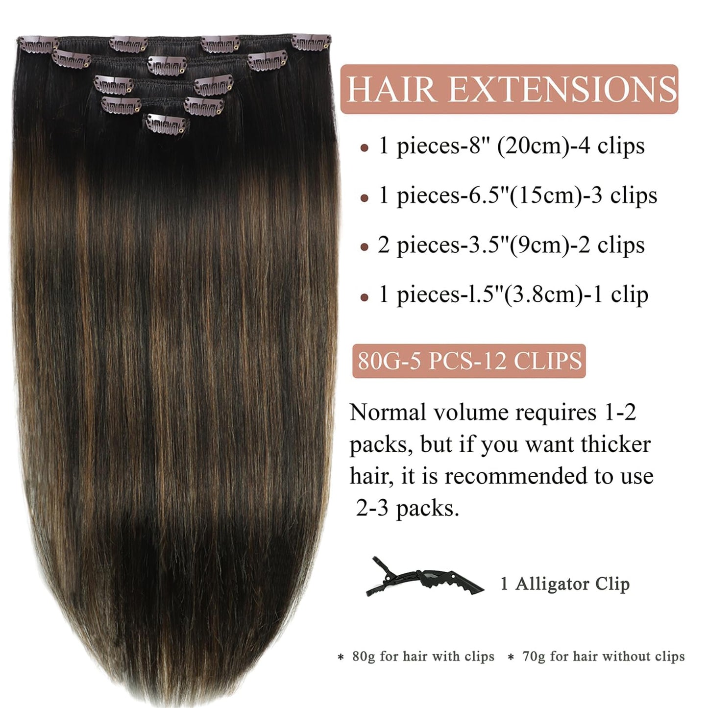 Hair Extensions Real Human Hair Balayage Clip in Hair Extensions Remy Human Hair Dark Brown to Chestnut Brown 18 Inch Straight Hair Extension Clip ins 80g/5pcs Double Weft