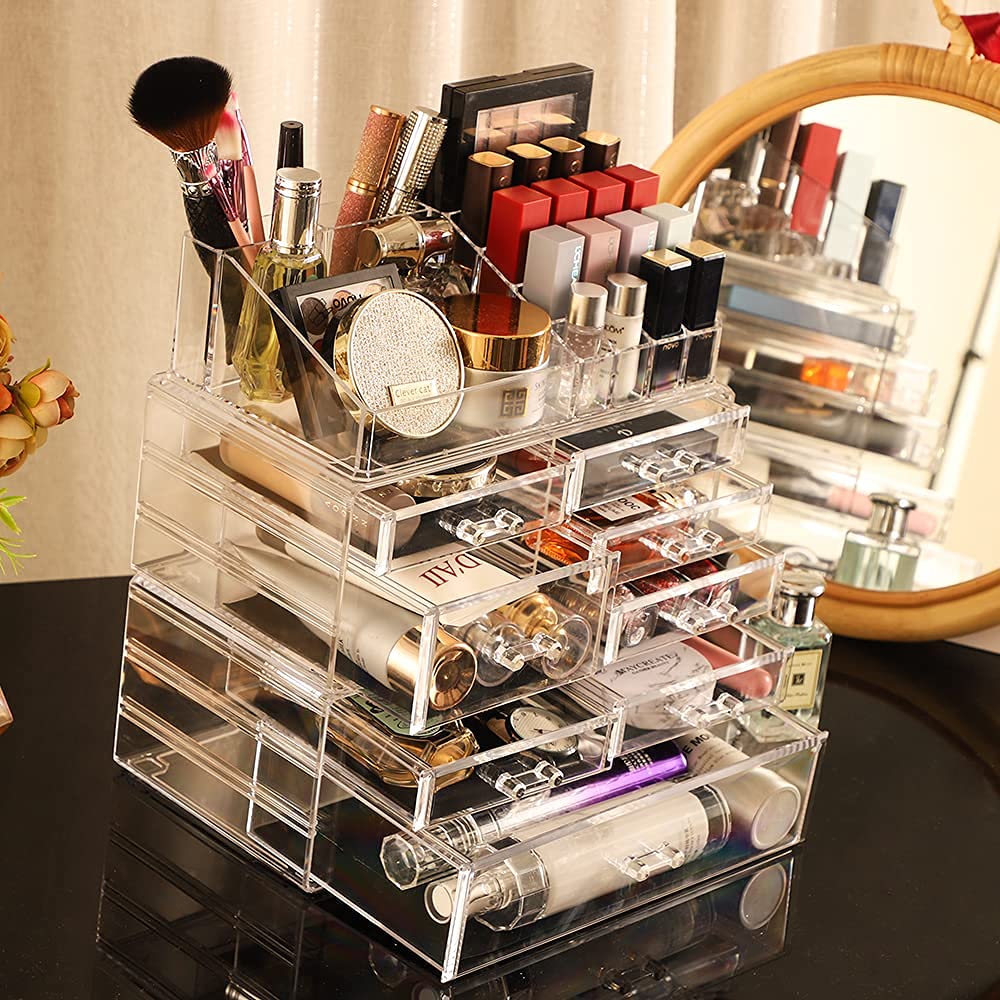 Cq acrylic 3 Pack Clear Makeup Organizer Countertop,Stackable 7 Drawers Skincare Organizer,Cute Skin Care Organizer for Vanity Hair Clip,Jewelry,Beauty Product Desk and Make Up Organizers for Vanity