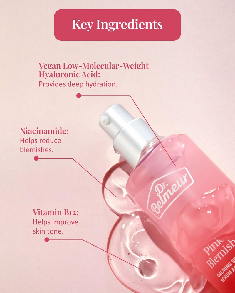 DR. BELMEUR Pink Blemish Calming Serum (1.7fl oz) - Hydrating, Soothing Korean Skin Care for Sensitive Skin. Vegan Hyaluronic Acid, Niacinamide.