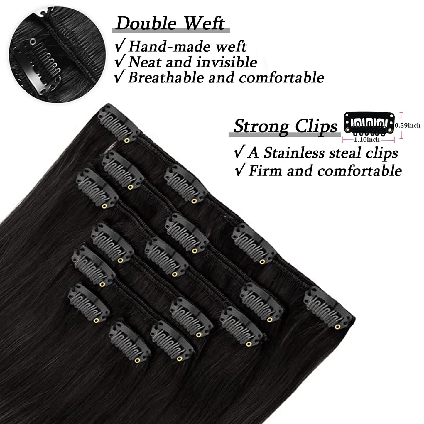 Savasana Clip in Hair Extensions Real Human Hair Straight 7 Pcs Long Black Hair Extensions Double Weft Thick Natural Black 14 Inch 80g