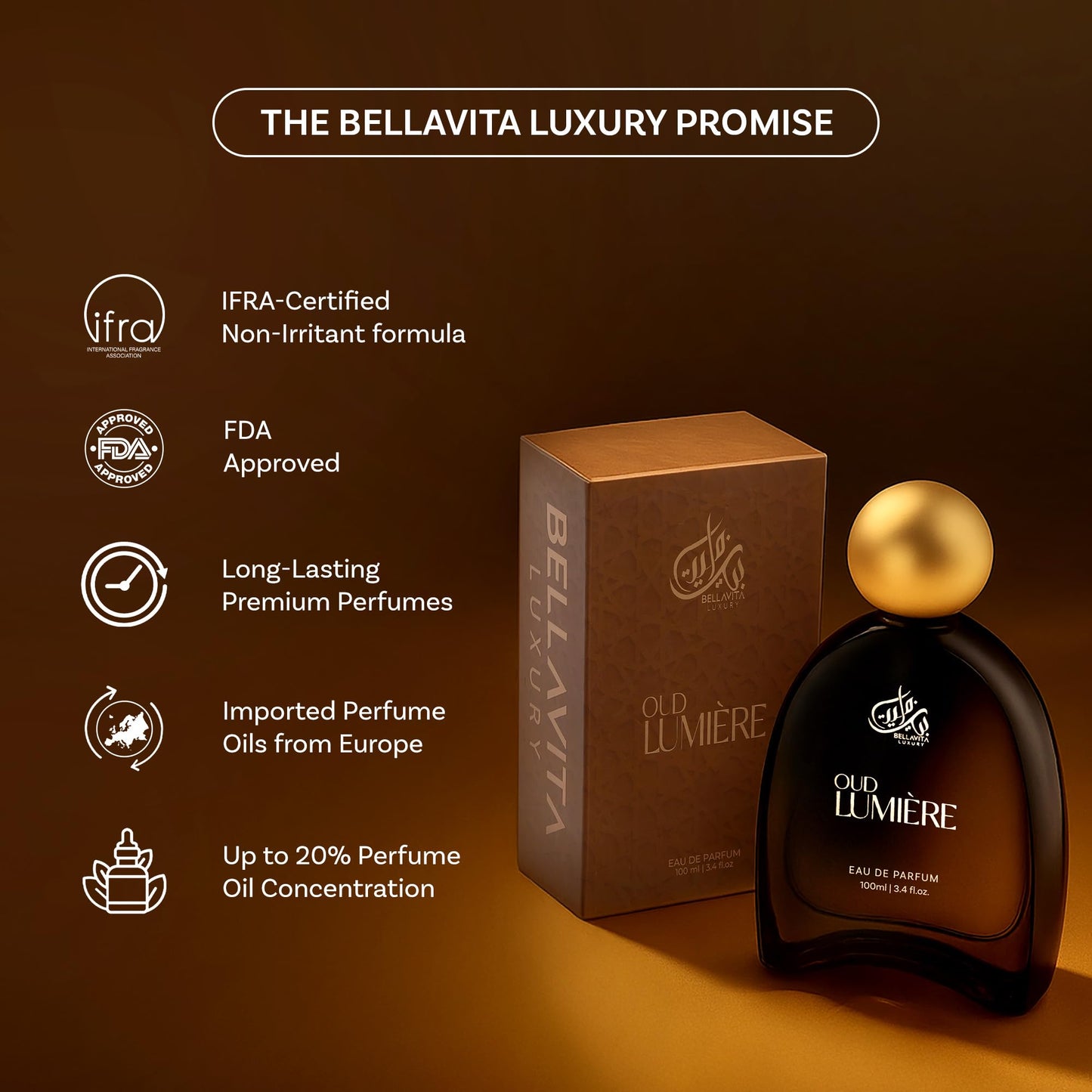 Bella Vita Luxury OUD LUMIÈRE Unisex Fragrance | EDP Perfume for Men and Women | Wood Top Note | 100 ml pack | 3.4 Fl. Oz. | Woody and Amber notes | Gift for Men and Women | Eau de Parfum